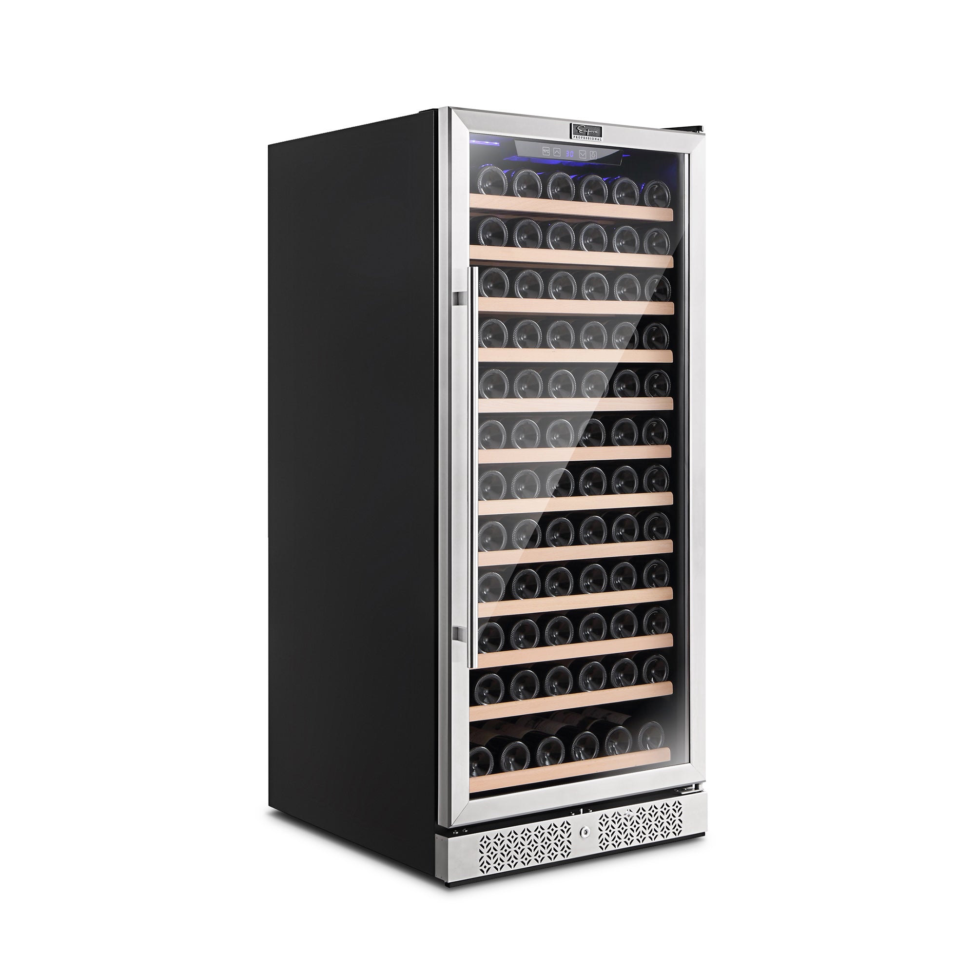 The Empava 24" Wine Cooler 55" Tall Wine Refrigerator is a sleek, tall black wine fridge featuring a glass door with stainless steel accents. Inside, five shelves neatly hold bottles stacked horizontally. The top edge is highlighted by a subtle blue light, and the base includes a cooling vent for efficient temperature control.