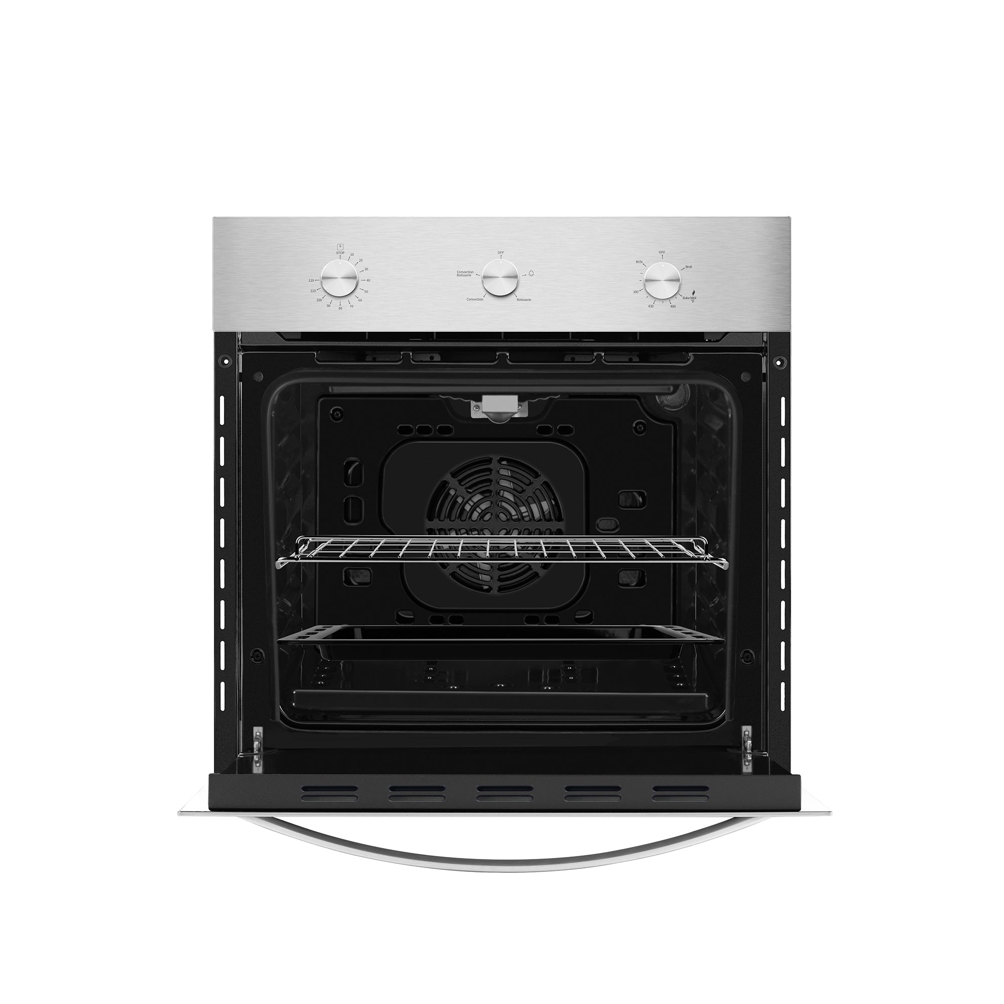 An Empava 24 in. 2.3 cu. ft. Single Gas Wall Oven, designed exclusively for natural gas, stands with the door open to reveal an empty interior. The stainless steel oven's front panel features three dials for controlling temperature, function, and timer settings. Inside the oven cavity, a middle rack is visible along with a fan at the back.