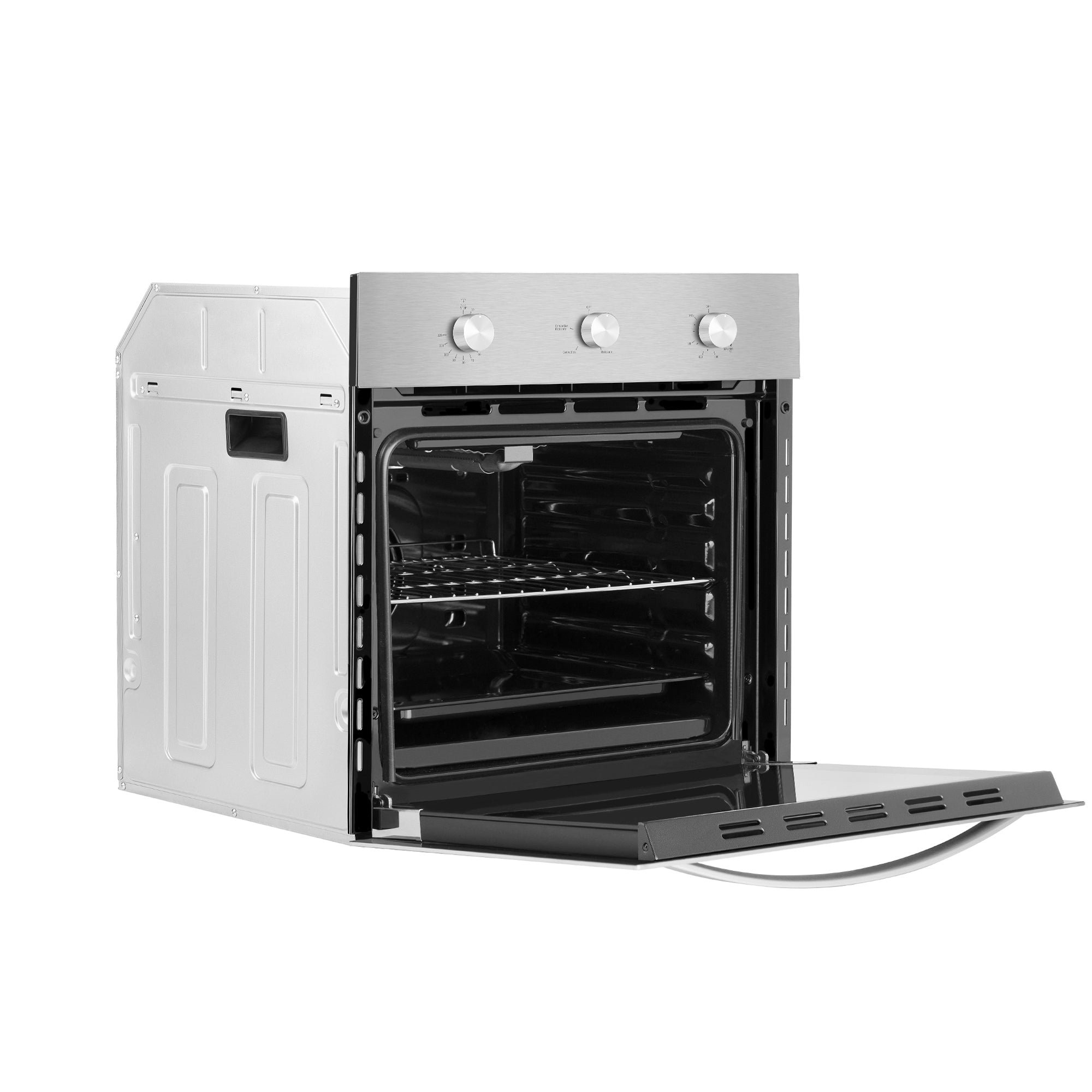 An Empava 24 in. 2.3 cu. ft. Single Gas Wall Oven for Natural Gas, featuring a stainless steel facade with three control knobs, graces the front panel. The open door reveals two interior racks and a spacious cooking cavity. Currently, the oven is partially constructed and awaits installation in a kitchen unit.
