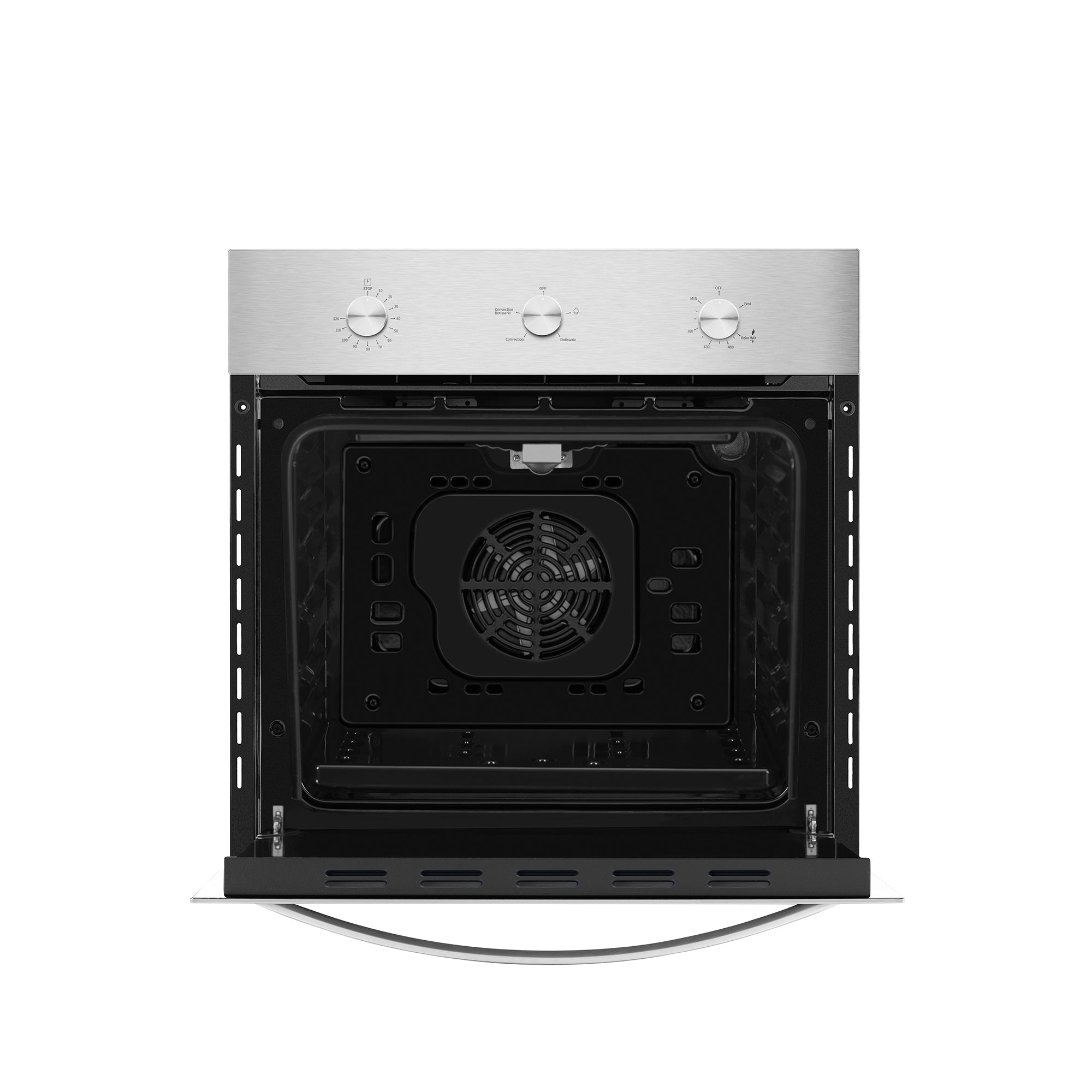 An Empava 24 in. 2.3 cu. ft. Single Gas Wall Oven, designed exclusively for natural gas, with its stainless steel façade and the door open to reveal a fan at the back of its sleek black interior. The modern and clean oven features a control panel at the top with three knobs for setting various oven functions.