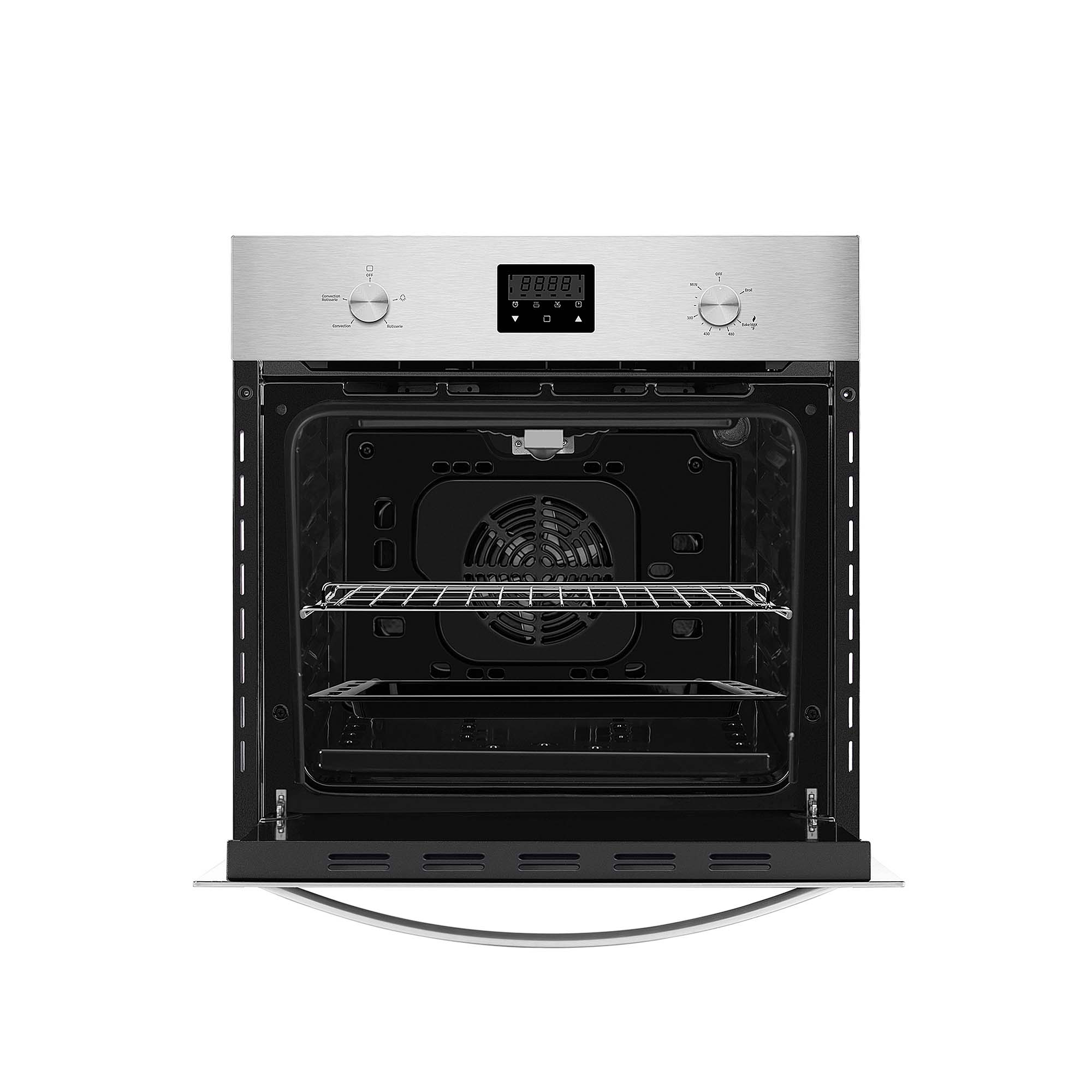 An Empava 24 in. 2.3 Cu. Ft. Single Gas Wall Oven - Only For Natural Gas with the door open, showcasing its black interior. The oven features a digital display at the top center, two control knobs on either side, and a wire rack placed inside. The modern and sleek design epitomizes Empava appliances' dedication to style and functionality.