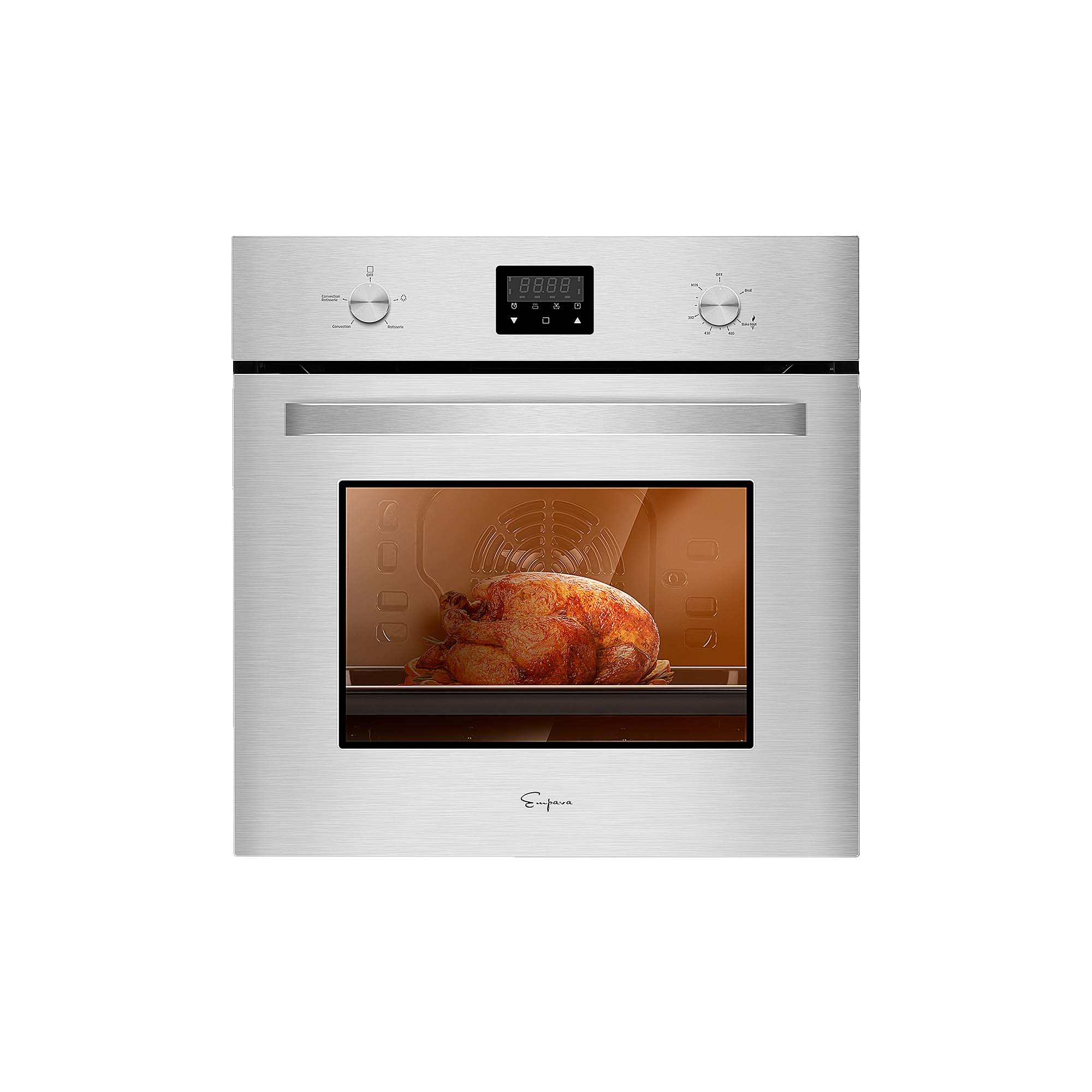 An Empava 24 in. 2.3 Cu. Ft. Single Gas Wall Oven - Only For Natural Gas with a digital display and control knobs is baking a whole chicken to a golden brown perfection, clearly visible through the oven's glass door. The sleek, modern design of the stainless steel oven enhances its stylish appearance.
