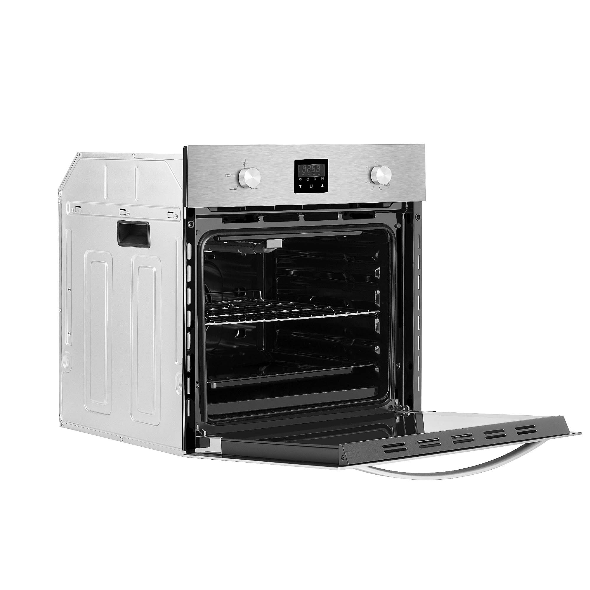 An Empava 24 in. 2.3 Cu. Ft. Single Gas Wall Oven, designed exclusively for natural gas, is displayed with its door open. The oven's stainless steel interior showcases multiple adjustable racks and a digital control panel on the front. Two control knobs are visible above the door, which lies flat against the surface when opened.