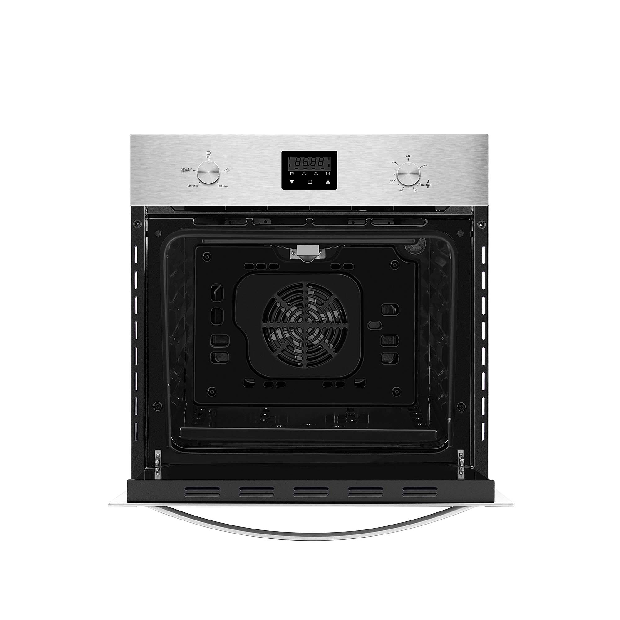 The Empava 24 in. 2.3 Cu. Ft. Single Gas Wall Oven, designed exclusively for natural gas, showcases a sleek stainless steel design with the door open. At the top center of the oven, a digital display is flanked by two control knobs on either side for easy operation. Inside, a fan at the back signals its efficient convection cooking system.