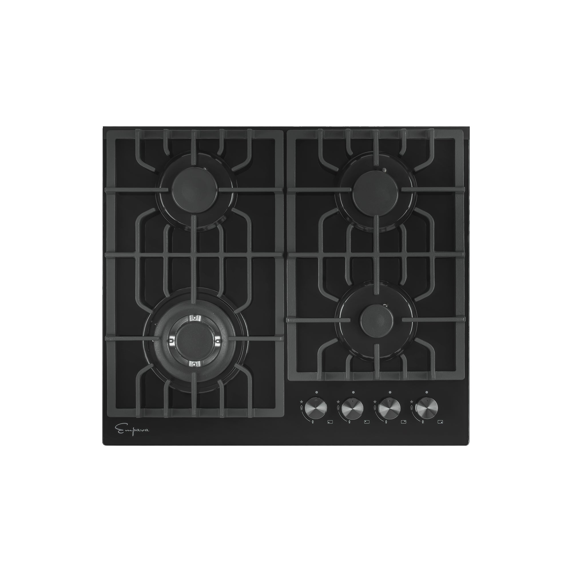 The Empava 24 in. Built-in Gas Cooktop features a sleek, modern design with four burners and four front-right control knobs, complemented by grid-style grates over each burner.