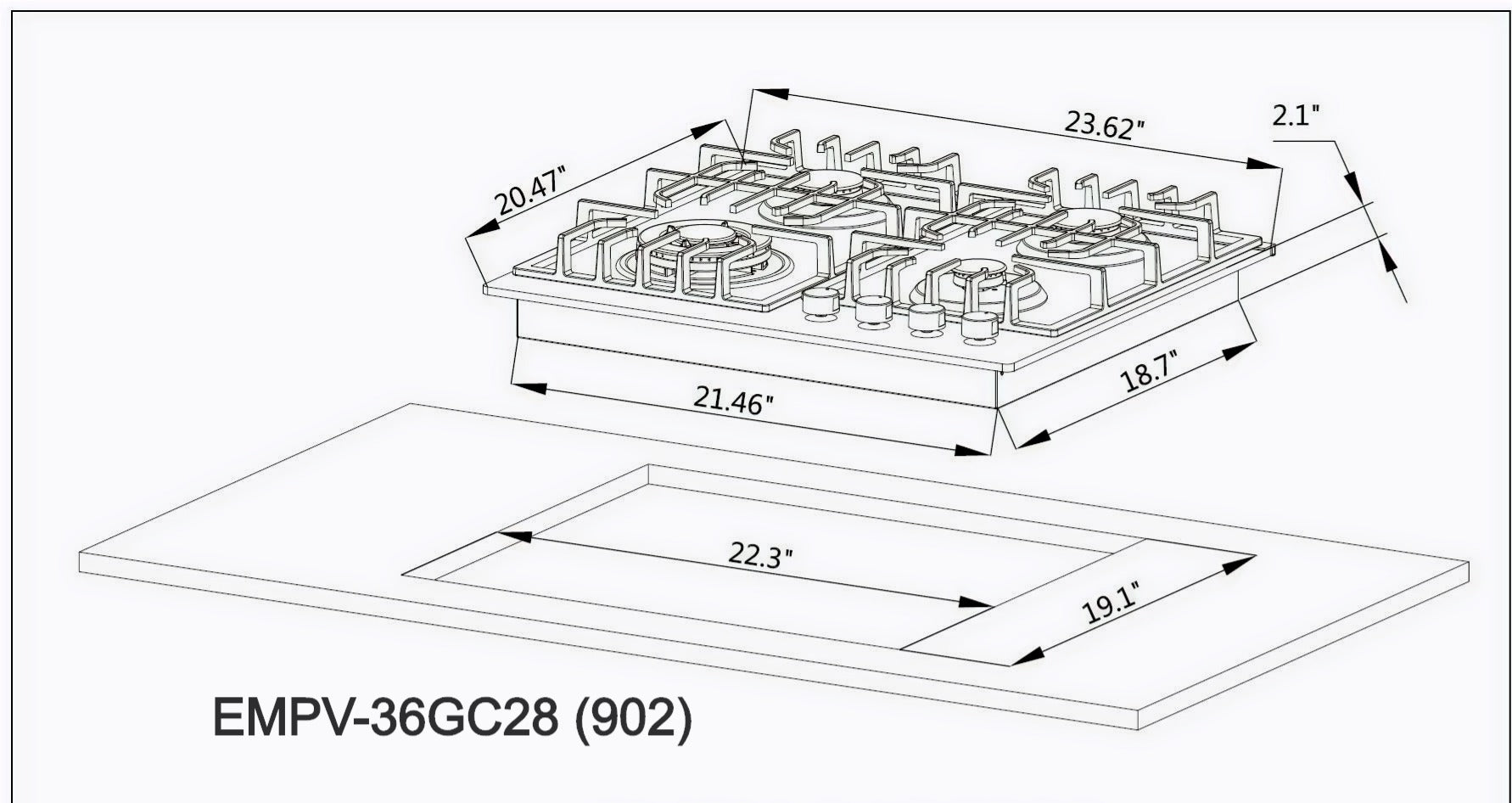 A black and white diagram showing the dimensions for an Empava 24 in. Built-in Gas Cooktop, model EMPV-24GC28 (902). The cooktop dimensions are 23.62 inches wide, 20.47 inches deep, and 2.1 inches high. The cutout dimensions are 22.3 inches wide by 19.1 inches deep.