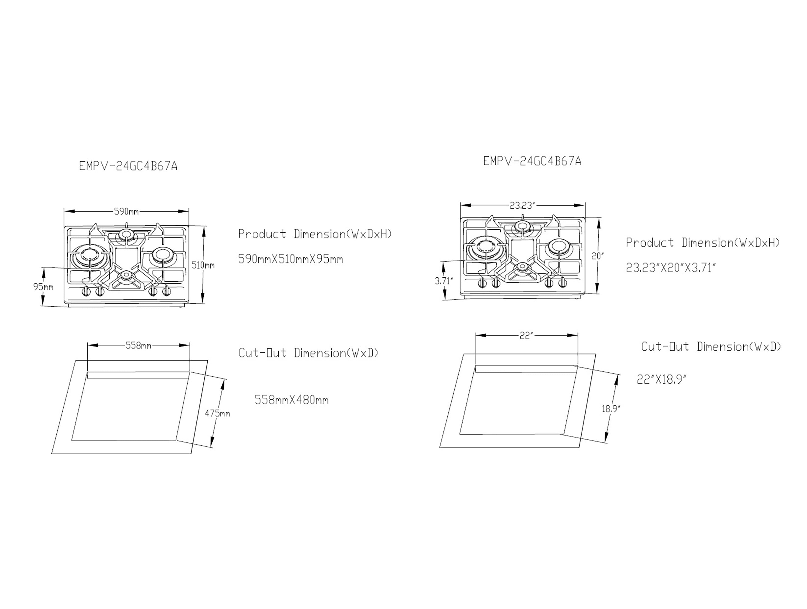 Technical drawing of the Empava 24 in. Built-in Gas Cooktops model EMPV-24GC4B67A from Empava appliances. The image shows dimensions for product size and cut-out size in both inches and millimeters from different views. Notable dimensions include 590x510x95 mm, 23.23"x20"x3.74", and cut-out sizes of 558x480 mm and 22