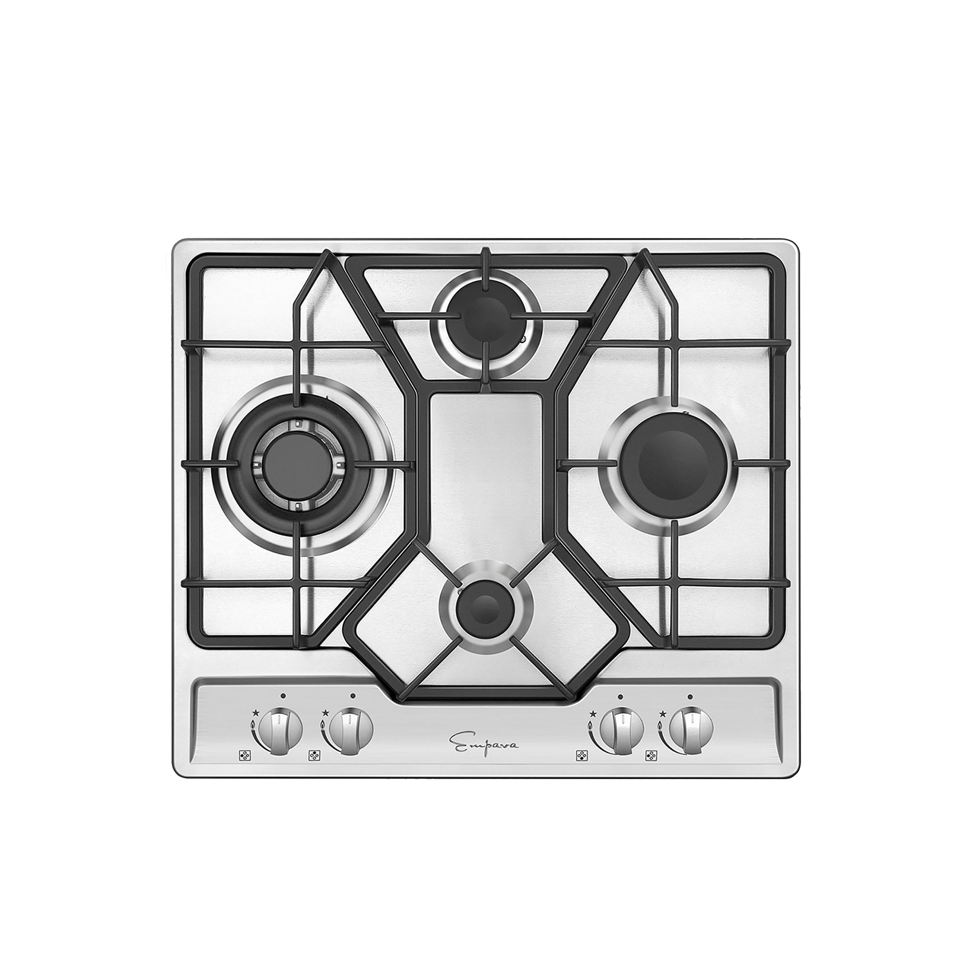 Top view of the Empava 24 in. Built-in Gas Cooktops featuring a modern stainless steel finish with four burners of varying sizes, including a central griddle. The four control knobs are positioned at the front and are marked with indicators for power levels.