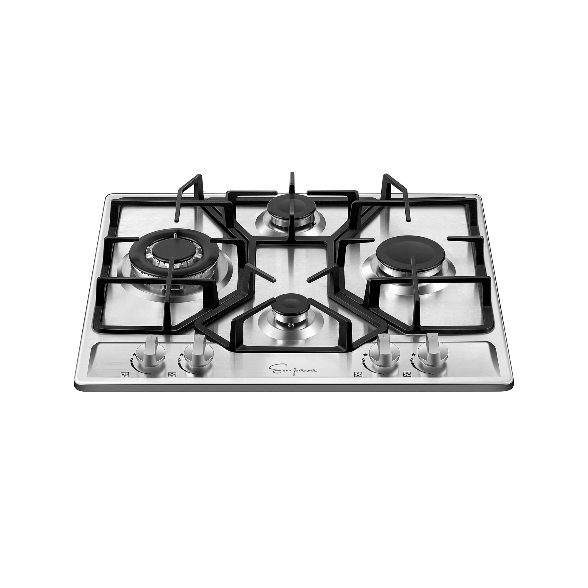 The Empava 24 in. Built-in Gas Cooktop is a sleek and modern stainless steel stove featuring four burners with black grates. The front controls include four knobs, and one of the burners is larger with multiple rings, making it suitable for various cooking pots and pans.