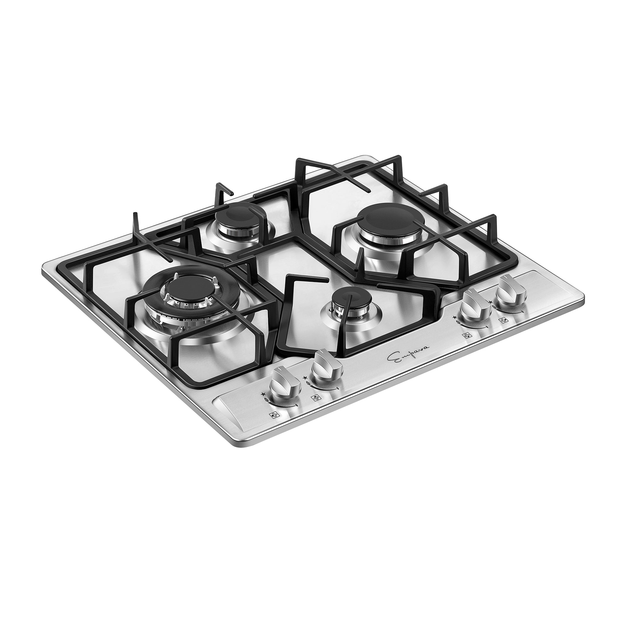 The Empava 24 in. Built-in Gas Cooktop boasts a sleek, modern stainless steel surface with four burners, complemented by black grates and front-located control knobs, along with signature engravings from Empava appliances.