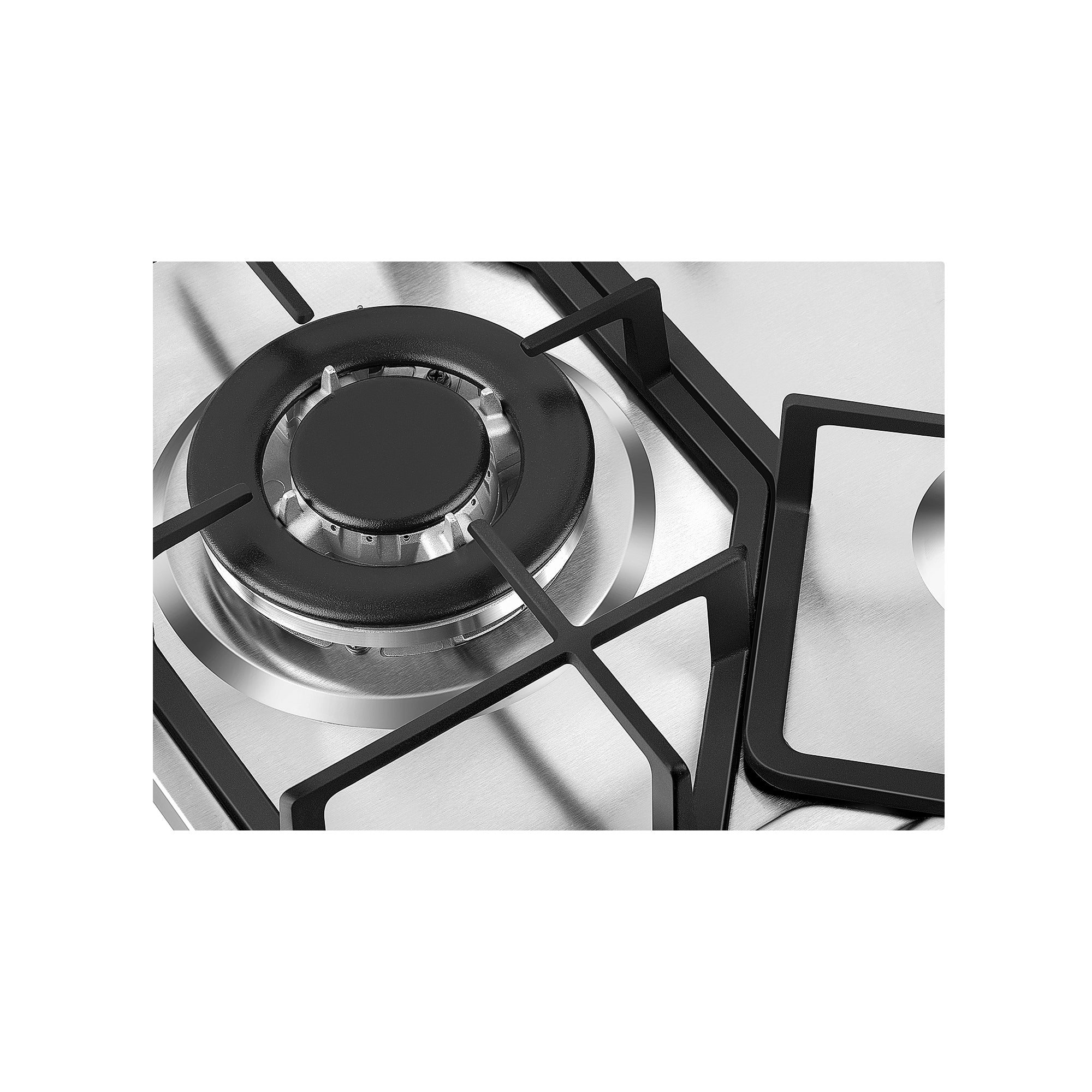 A close-up view of an Empava 24 in. Built-in Gas Cooktop showcases its stainless steel surface. The image focuses on a single gas burner framed by black metal grates. The burner is spotless and unused, with part of the stovetop surface visible, highlighting its modern and sleek design.