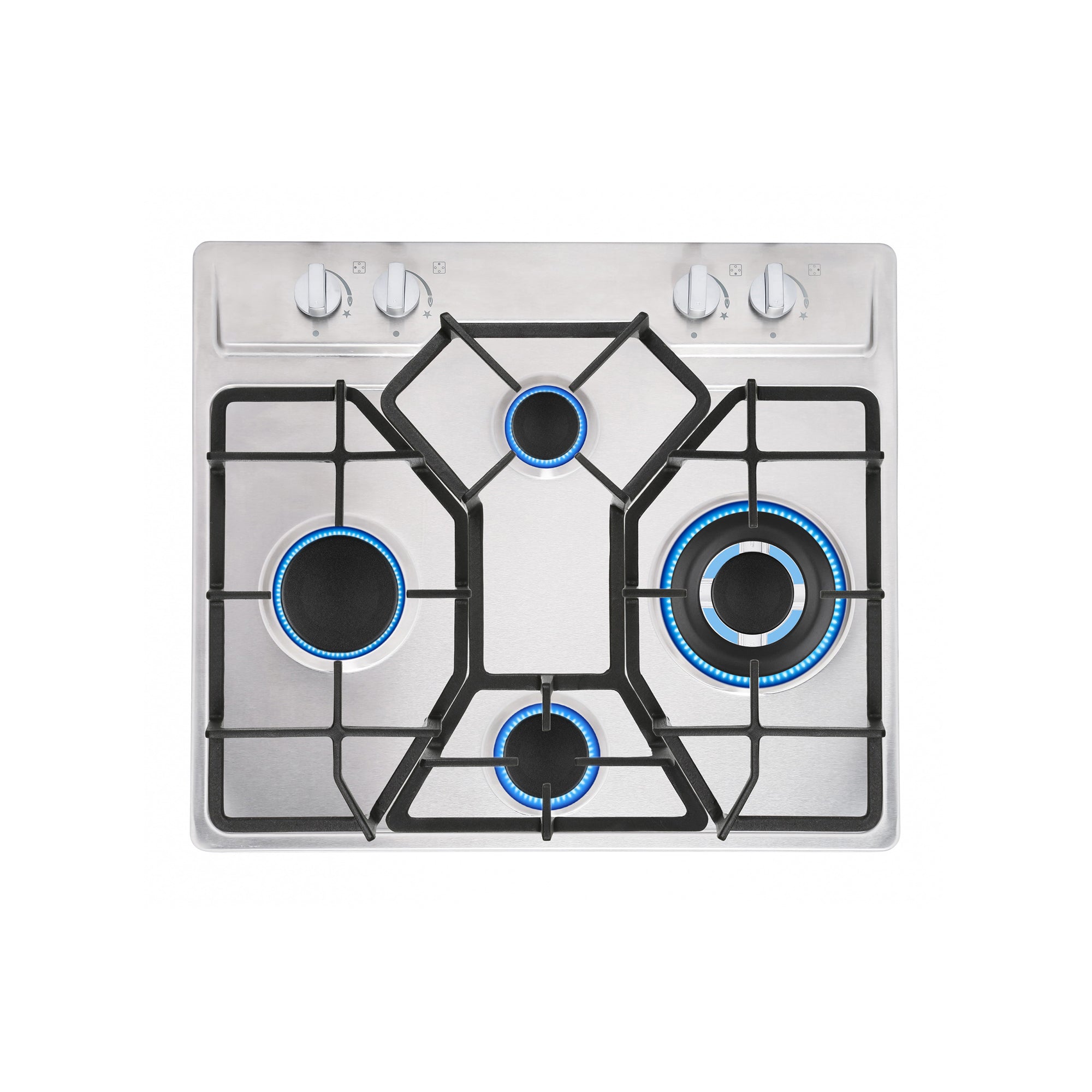 Top view of the Empava 24 in. Built-in Gas Cooktops with four burners, arranged in a square pattern. Each burner has a black grate and is encircled by a blue flame. The cooktop features four control knobs along the top edge.