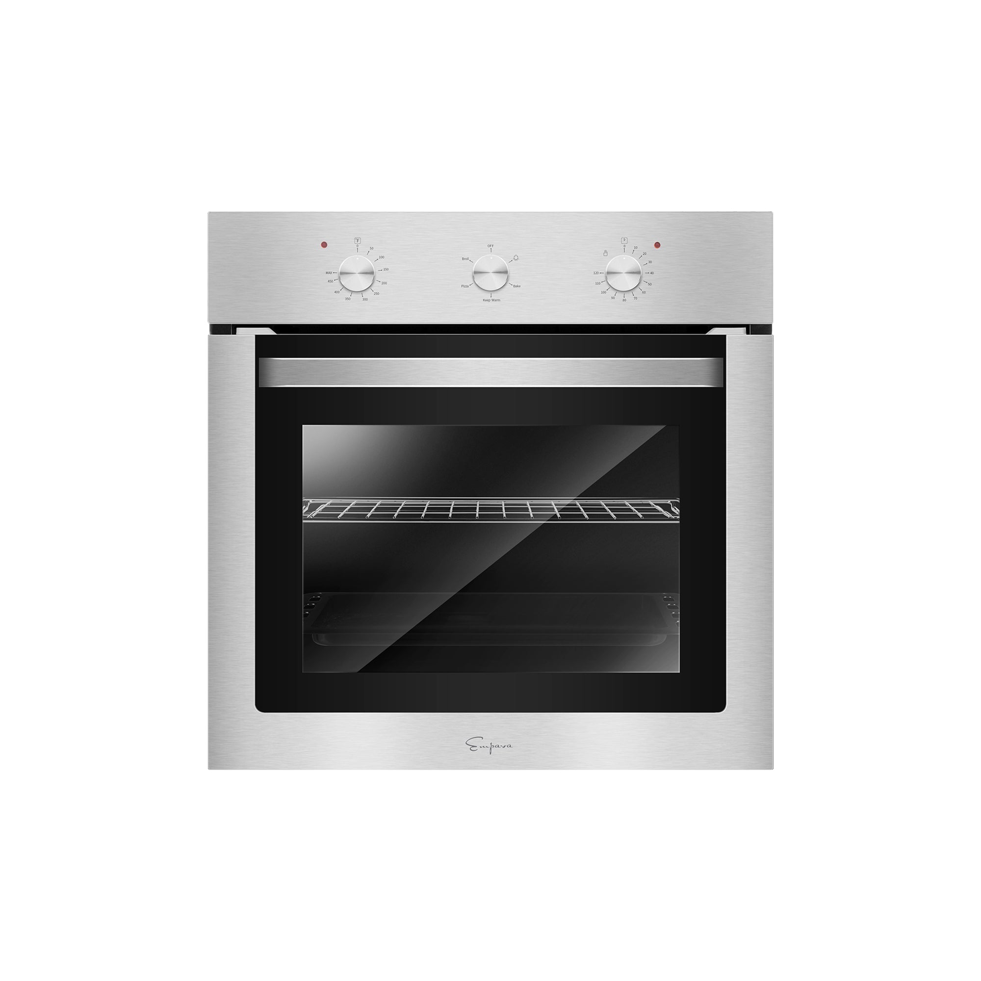 The Empava 24 in. Electric Single Wall Oven is a modern built-in oven made of stainless steel, featuring a sleek black glass door with a clear window. It comes equipped with three control knobs located on the top panel, likely for adjusting temperature, selecting functions, and setting the timer. Inside, a wire rack shelf can be seen through the window.