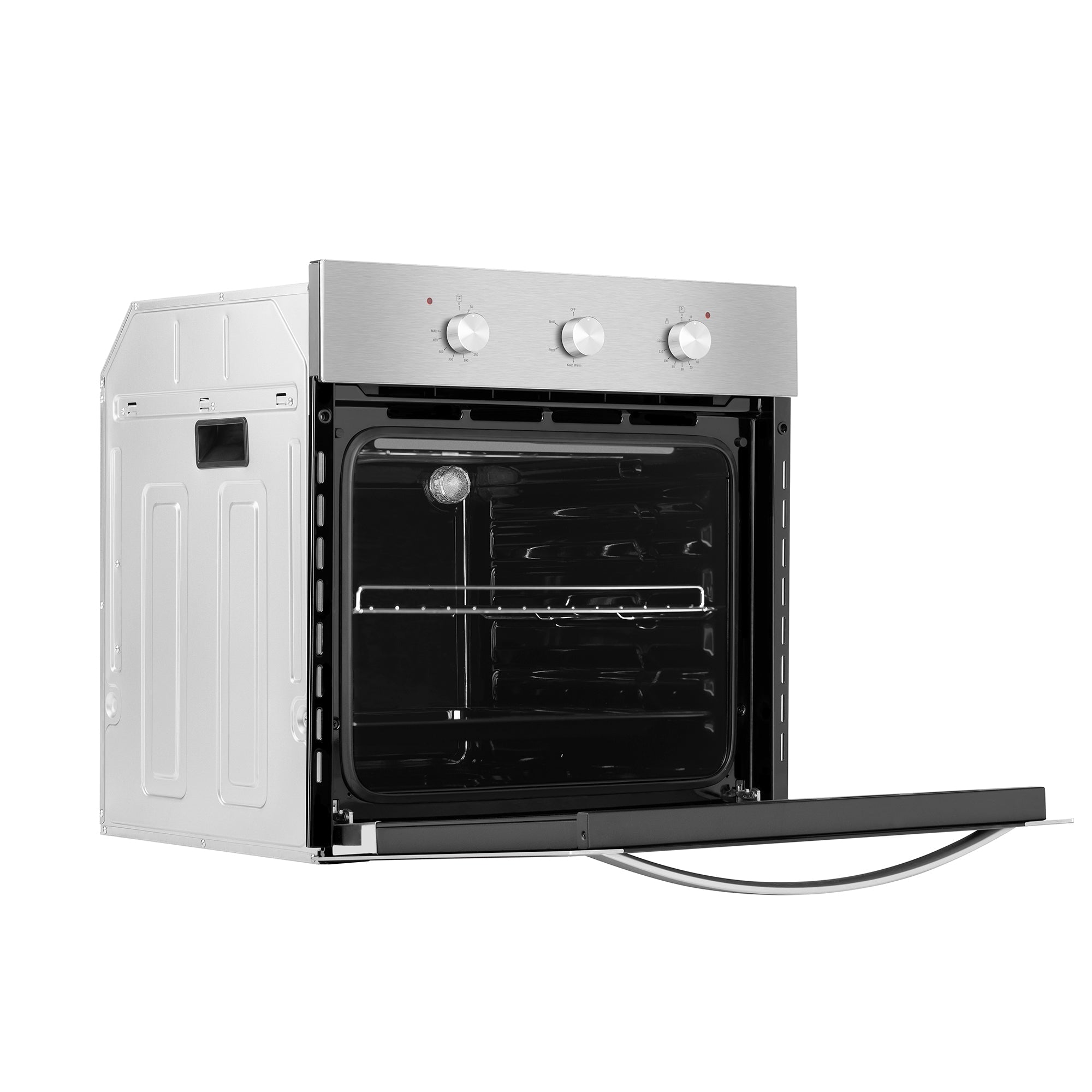 An open-door Empava 24 in. Electric Single Wall Oven reveals an empty interior featuring a single rack. The control panel above highlights three knobs, and the sleek, modern design with stainless steel finishes adds to its elegance. The sides are exposed, showcasing the metal framework of this silver oven.
