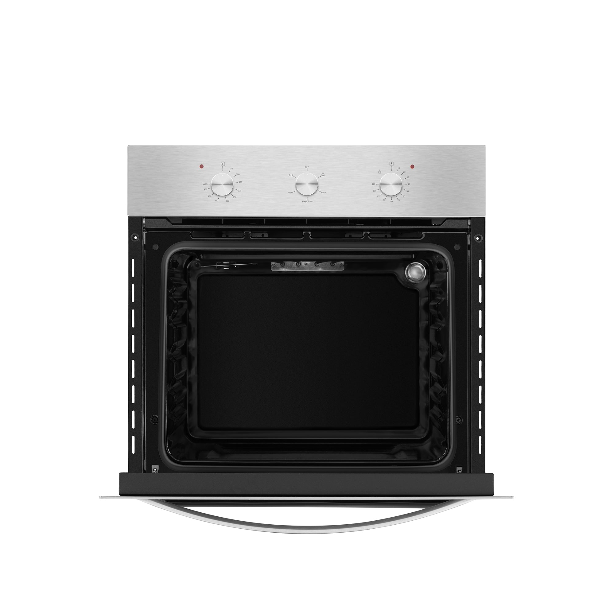 A contemporary Empava 24 in. Electric Single Wall Oven, crafted from stainless steel, features three control knobs on its top panel. The open oven door reveals an immaculate interior equipped with a light positioned on the upper right side, indicating it is clean and unused.