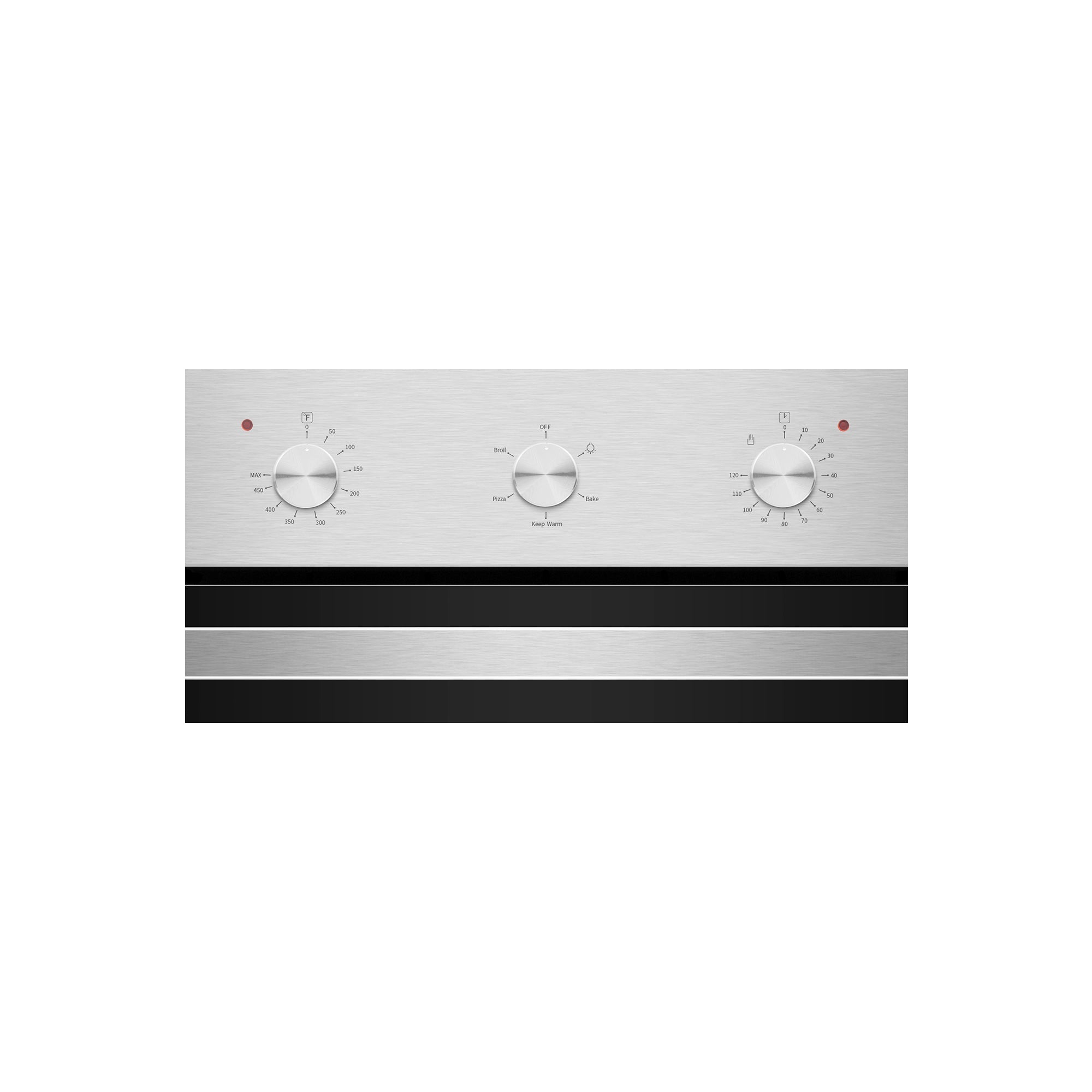 The Empava 24 in. Electric Single Wall Oven features a gray metal control panel with three dials, each offering different temperature and setting options. Distinguished by two horizontal black stripes beneath the dials and a small red indicator light near the left dial, this control panel embodies the signature design of Empava appliances.