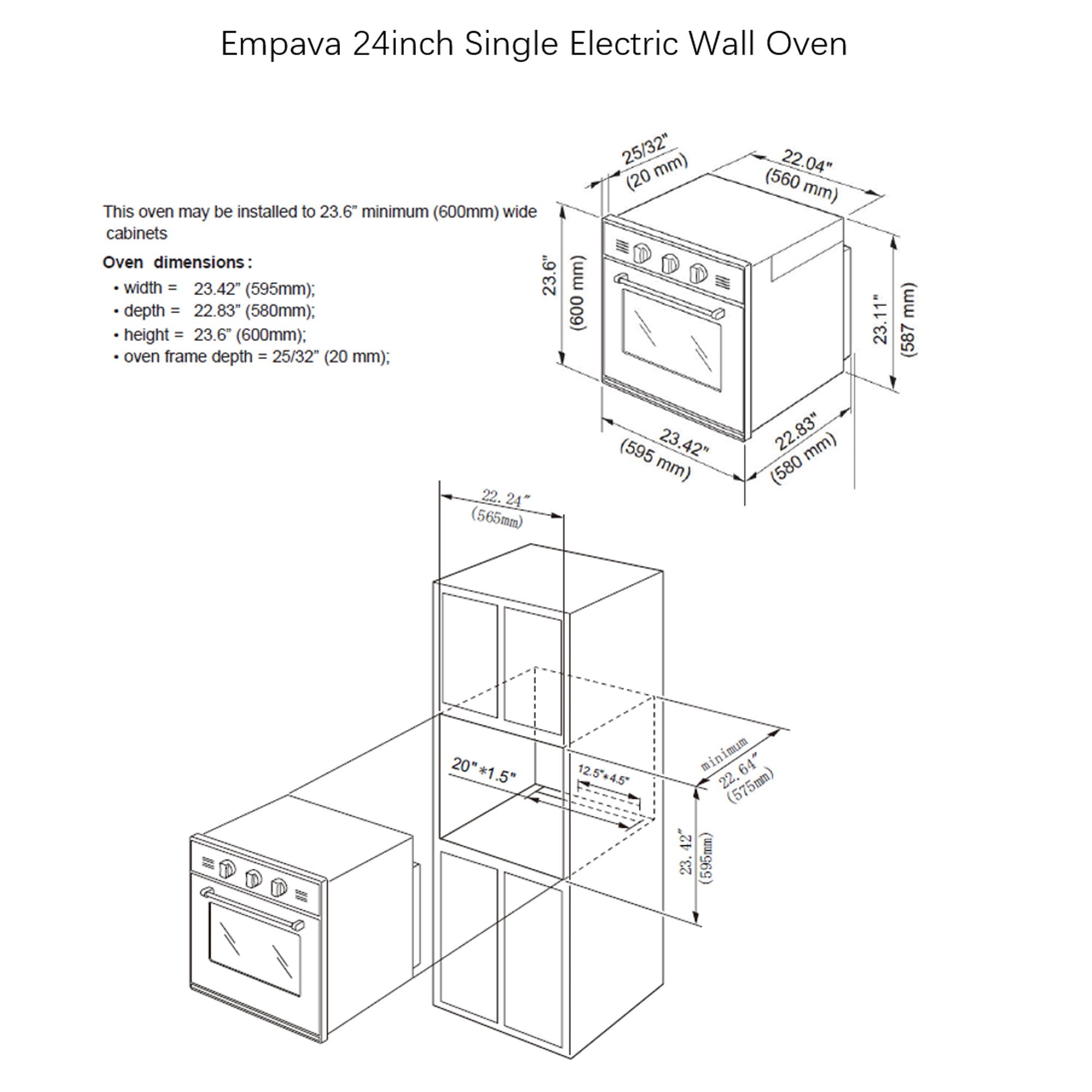 Diagram showcasing the dimensions and installation guide for the Empava 24 in. Electric Single Wall Oven. The oven's measurements are 23.43" width, 20.67" depth, and 23.42" height, and installation requires a cabinet with a minimum width of 23.6" and depth of 22". Choose Empava appliances for quality you can trust.