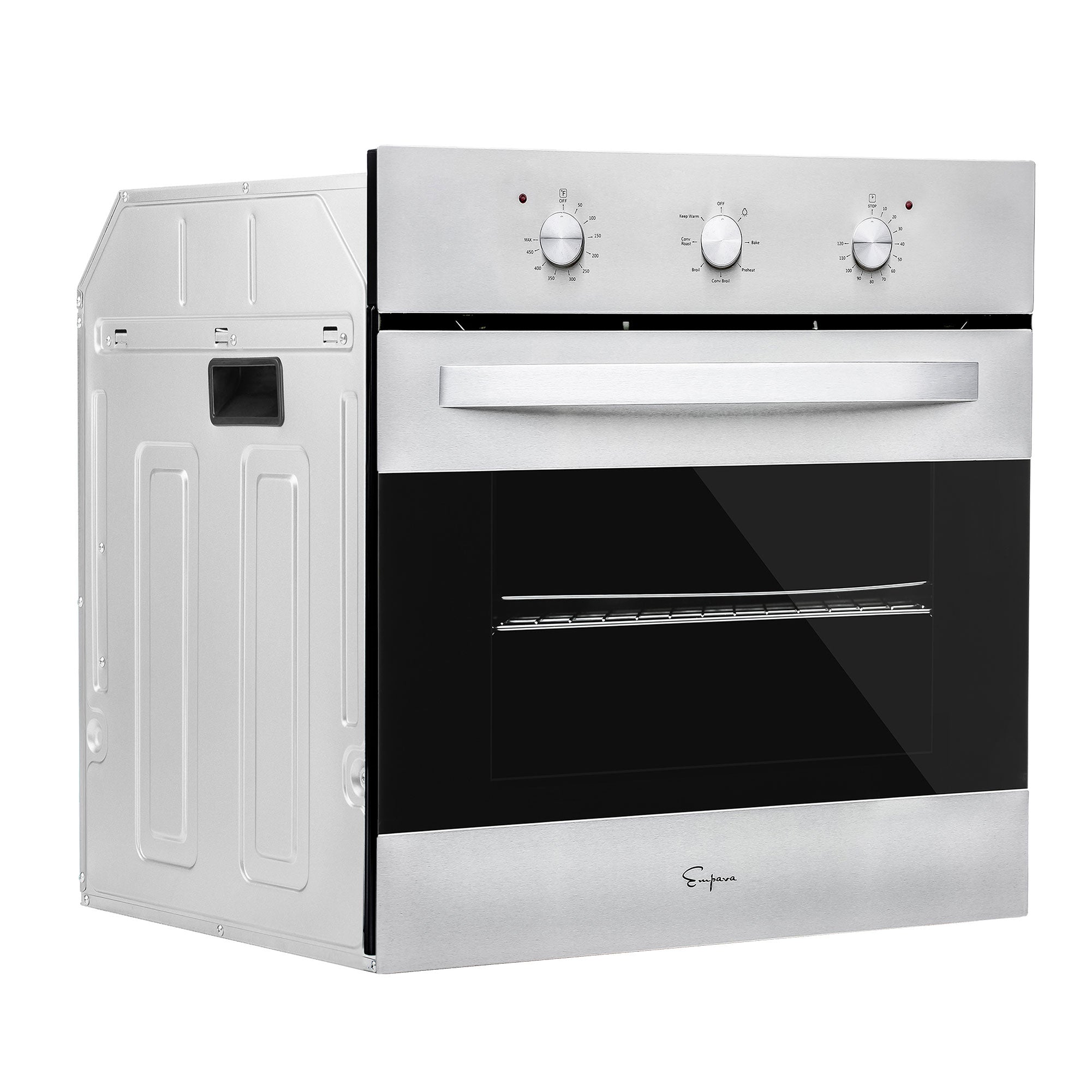 The Empava 24 in. Electric Single Wall Oven is a silver, built-in electric oven featuring a black glass front, three control knobs for temperature and settings, and a sleek handle on the door. Inside, a removable metal rack is visible. The side panel is partially shown.