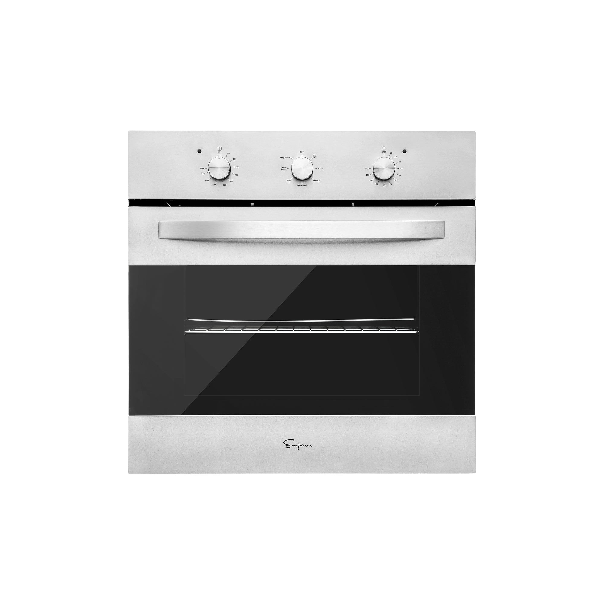 The Empava 24 in. Electric Single Wall Oven, a silver built-in model from Empava appliances, showcases a sleek and modern design with a black glass front and single-door handle. It features three control knobs on the top panel and includes a single internal rack for convenient cooking.