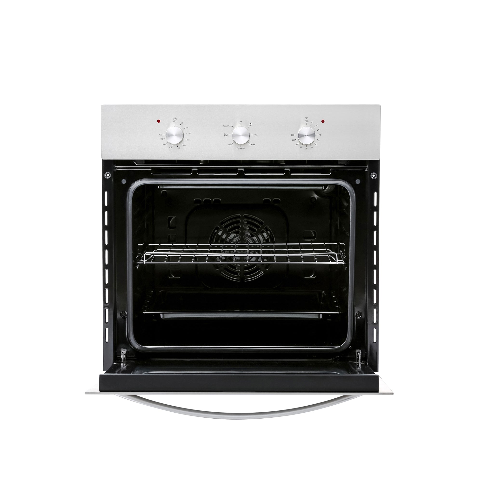 An Empava 24 in. Electric Single Wall Oven with a stainless steel exterior stands open, revealing its interior. The oven is equipped with three control knobs on the top panel and contains one wire rack inside. The sleek black interior showcases visible heating elements and a fan at the back of the cavity, reflecting the quality craftsmanship of Empava appliances.