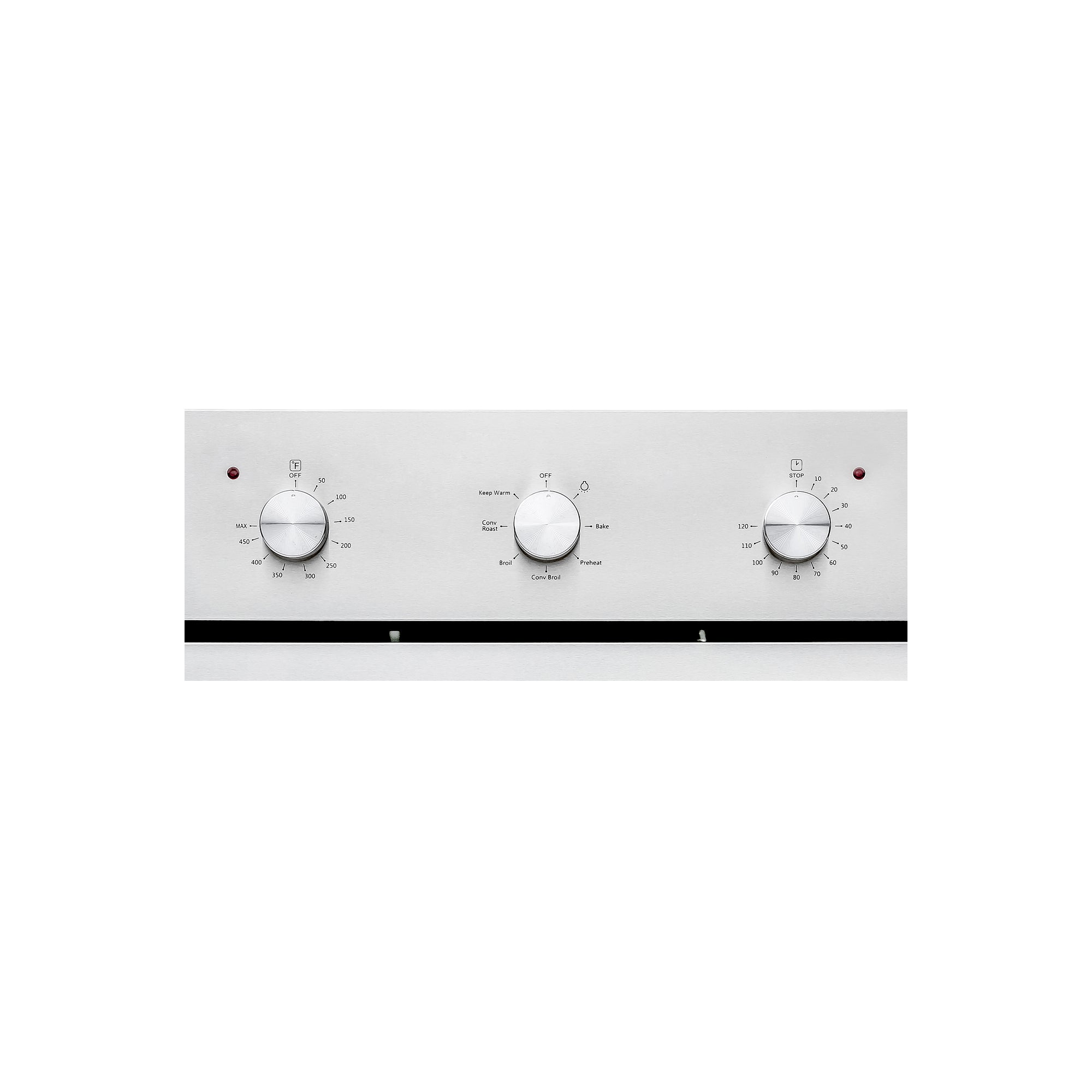 A sleek silver stereo amplifier from Empava, featuring three round knobs for controlling balance, volume adjustment, and tone fine-tuning. Each knob is labeled with positions and scales, accompanied by small indicator lights above the left and right knobs.