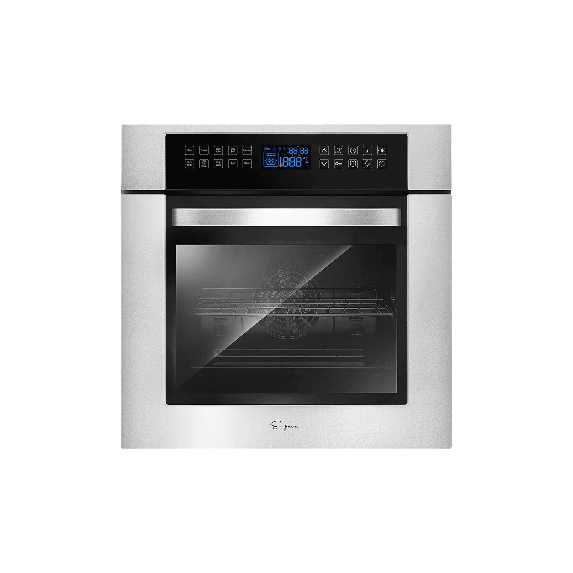 The Empava 24 in. Electric Single Wall Oven is a modern, stainless steel built-in appliance featuring a digital control panel that displays time and temperature settings. The oven door boasts a large glass window, and the interior includes visible wire racks. The brand logo is positioned at the bottom center of the front panel.