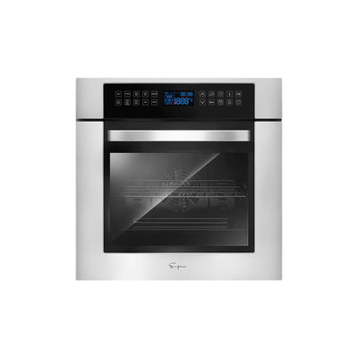 The Empava 24 in. Electric Single Wall Oven is a modern, stainless steel built-in appliance featuring a digital control panel that displays time and temperature settings. The oven door boasts a large glass window, and the interior includes visible wire racks. The brand logo is positioned at the bottom center of the front panel.