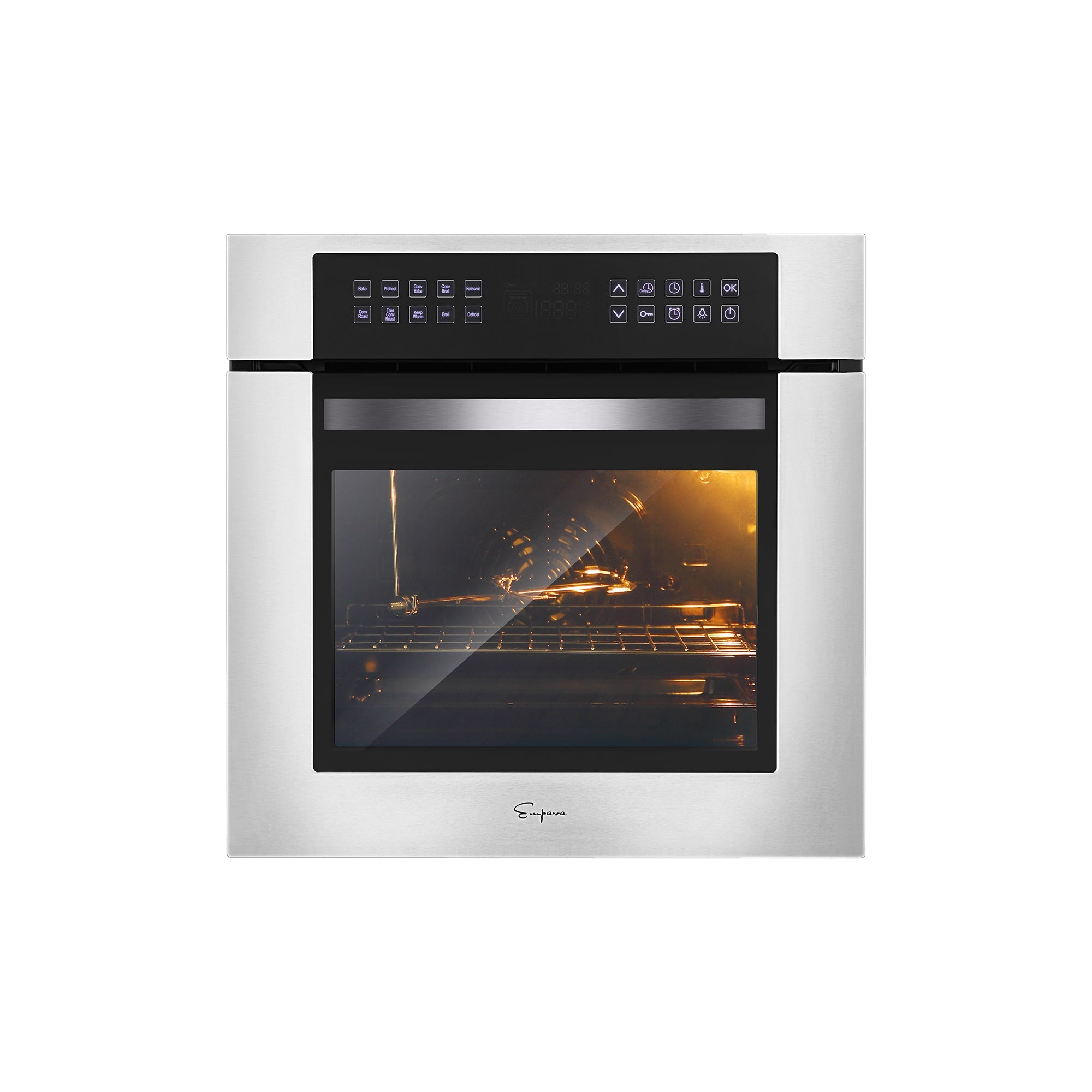 The Empava 24 in. Electric Single Wall Oven is a modern stainless steel appliance featuring a digital control panel at the top. The oven door boasts a large glass window that reveals the interior light illuminating the oven racks inside. The Empava logo is prominently displayed near the bottom center of the unit.