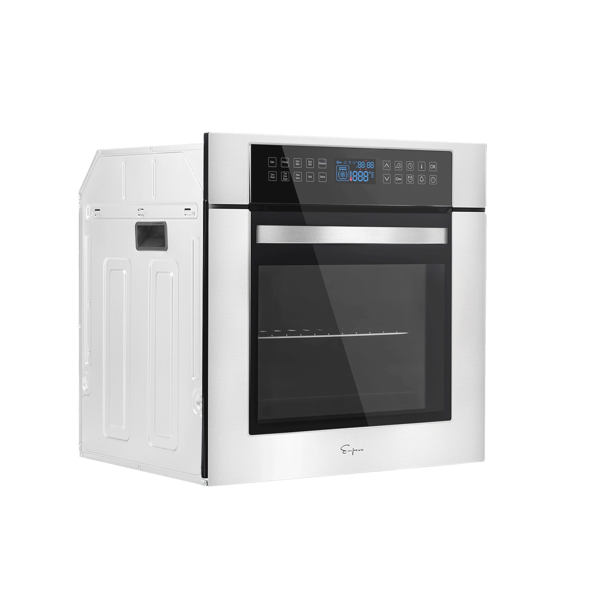 The Empava 24 in. Electric Single Wall Oven is a modern stainless steel built-in appliance with a digital control panel, touch-sensitive buttons, and a clear glass door. It displays temperature and settings on an LED screen positioned at the top and is shown isolated on a white background.