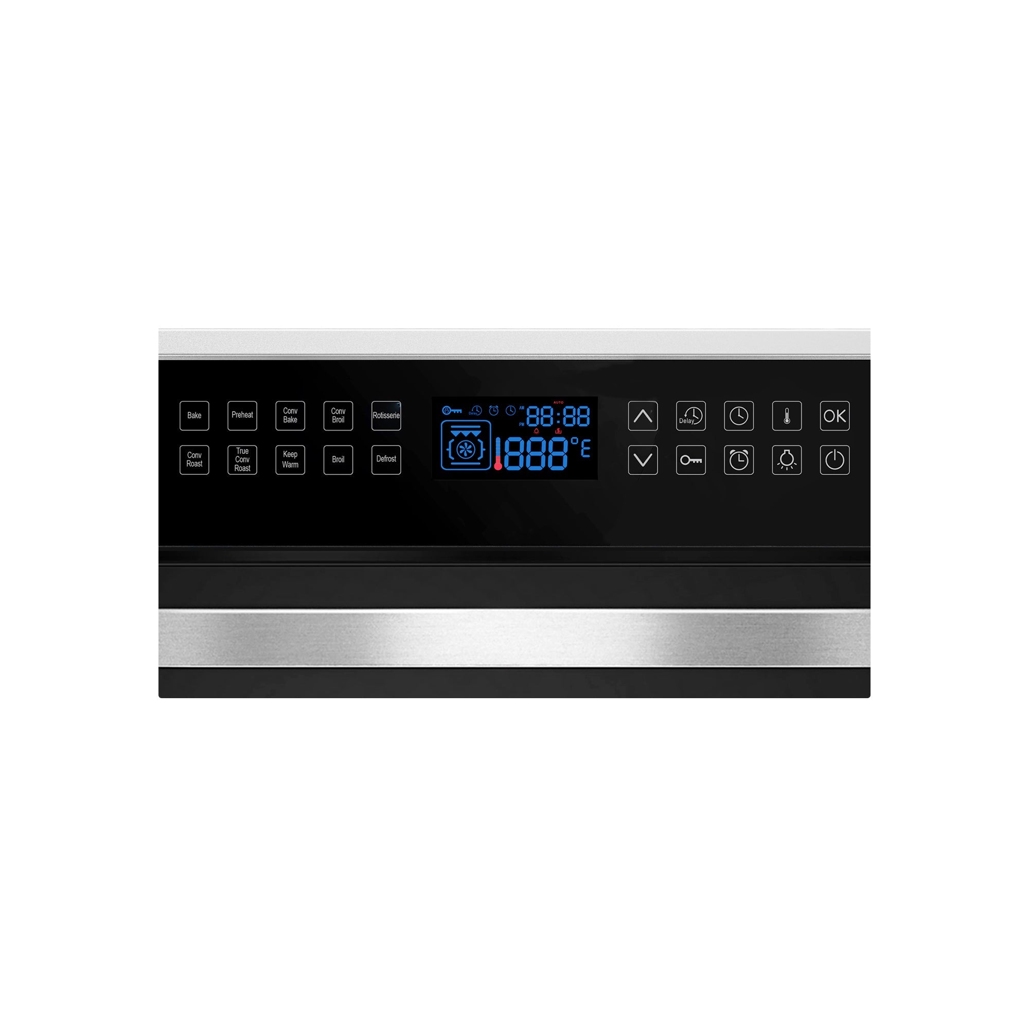 The control panel of an Empava 24 in. Electric Single Wall Oven features various buttons and a digital display showing "1888, 88.88°C." The panel includes options for power, preset, temperature control, timer, and other settings. The design showcases a black background with metallic accents.