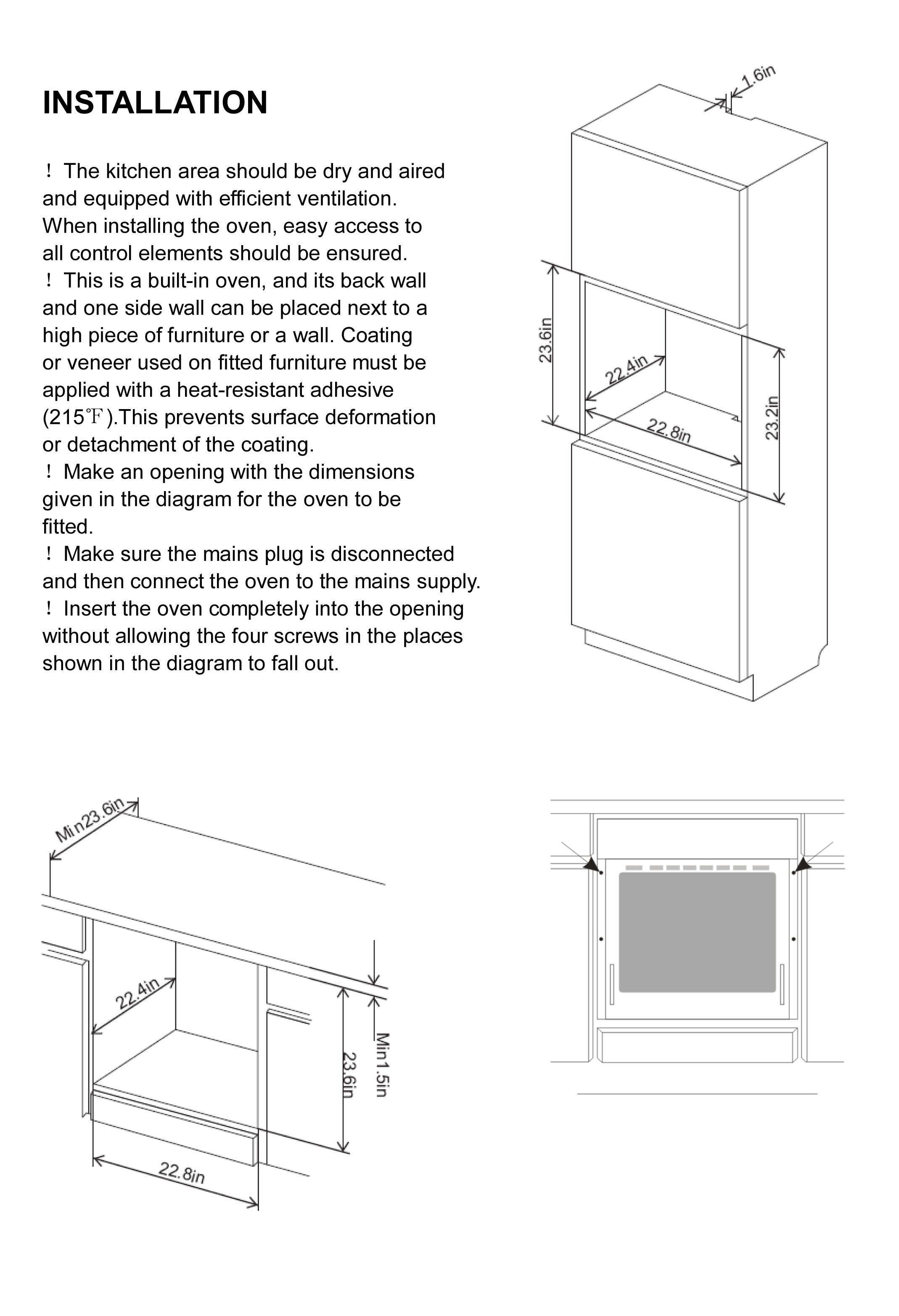 Installation instructions for the Empava 24 in. Electric Single Wall Oven include a detailed diagram featuring a labeled 3D model of a built-in oven cabinet, with specified dimensions of 22.8 inches in width, 23.6 inches in height, and 21.1 inches in depth. The accompanying text from Empava Appliances provides essential guidelines on ensuring proper ventilation to prevent heat damage and outlines the steps to connect and seamlessly fit the oven into place.