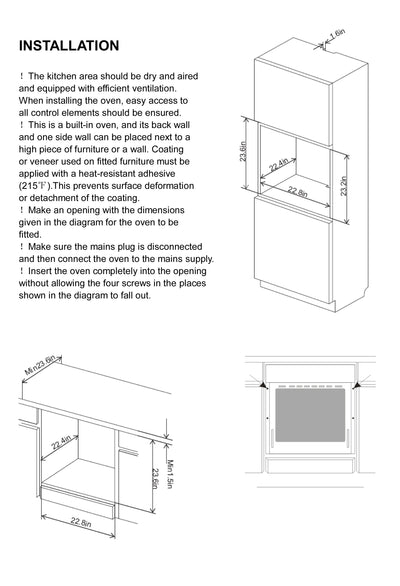 Installation instructions for the Empava 24 in. Electric Single Wall Oven include a detailed diagram featuring a labeled 3D model of a built-in oven cabinet, with specified dimensions of 22.8 inches in width, 23.6 inches in height, and 21.1 inches in depth. The accompanying text from Empava Appliances provides essential guidelines on ensuring proper ventilation to prevent heat damage and outlines the steps to connect and seamlessly fit the oven into place.