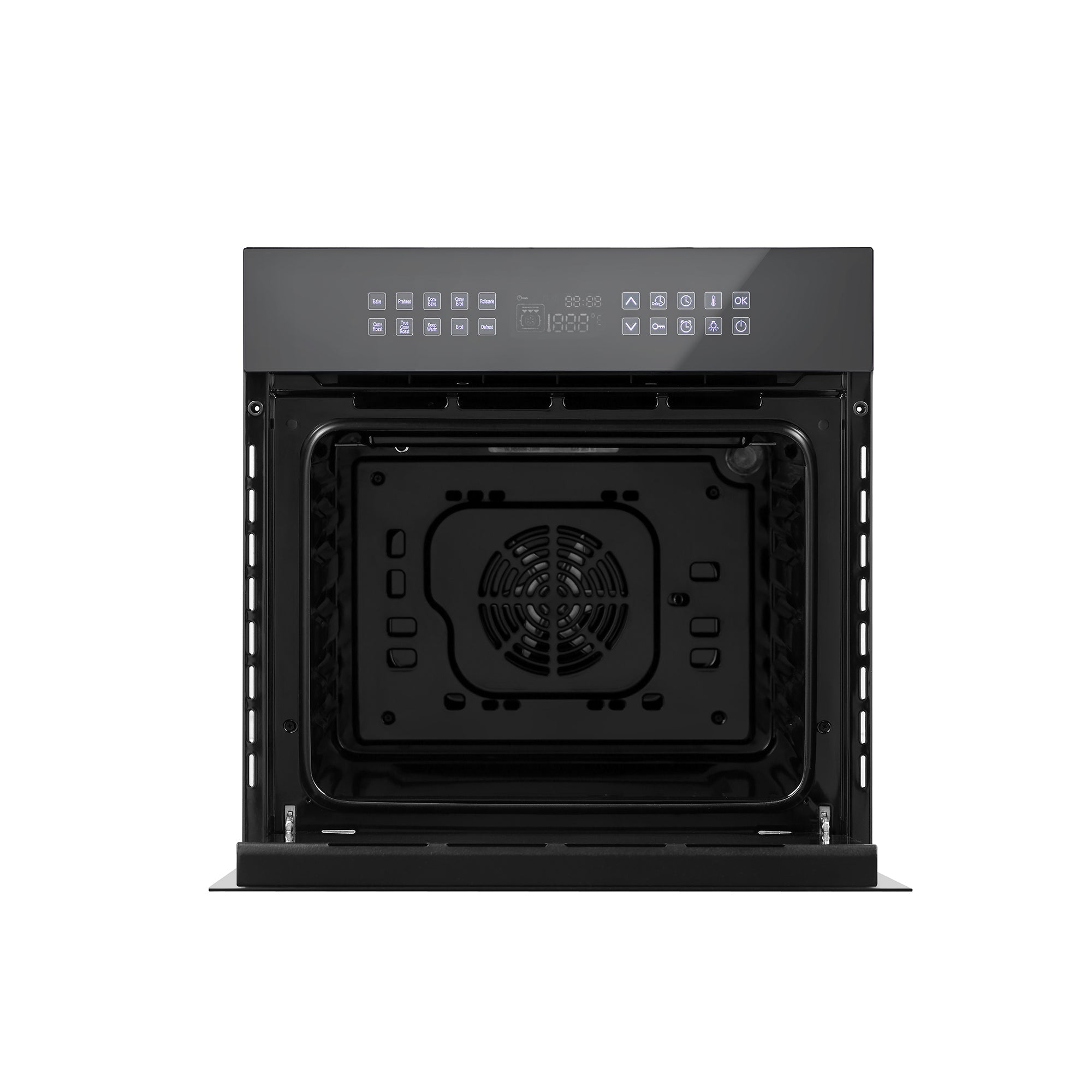 A sleek black 24-inch Empava Electric Single Wall Oven with the door open, revealing the interior. The oven's inside features a fan at the back for convection cooking. The control panel above the door includes various touch buttons and a digital display. The overall design is modern and minimalistic.