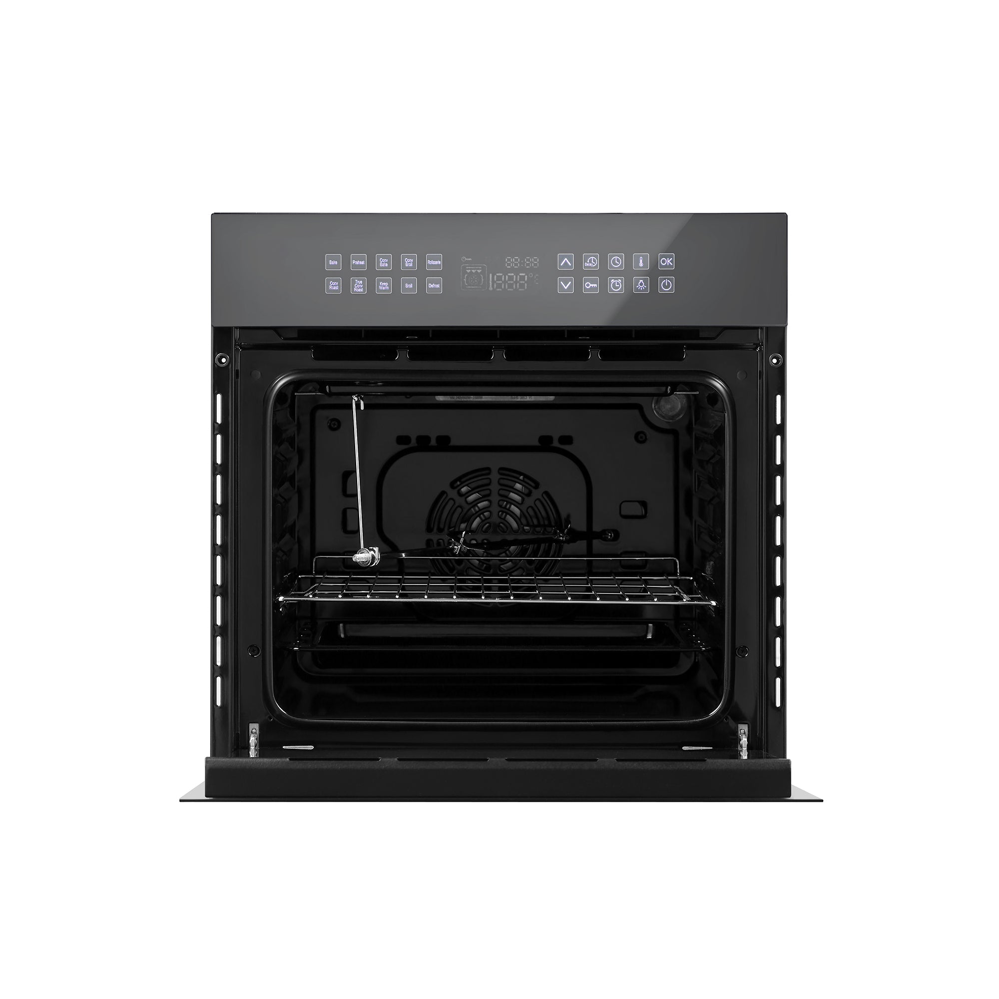 The Empava 24 in. Electric Single Wall Oven is a modern black built-in appliance featuring an open door, a retractable oven rack, and a digital control panel at the top with various buttons and a display screen. Inside, it includes a fan, heating elements, and a rotisserie spit. The well-lit interior ensures excellent visibility while cooking.