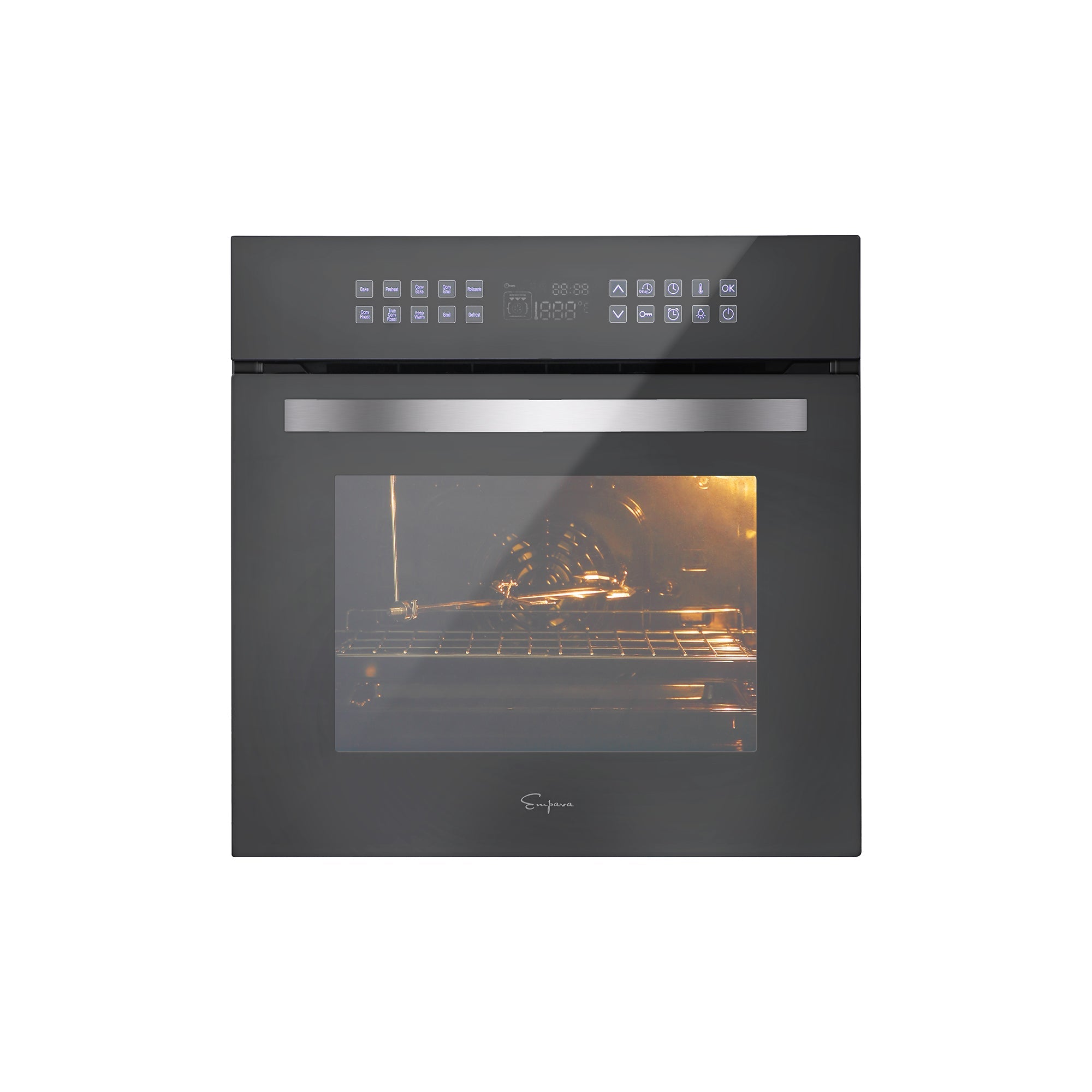 The Empava 24 in. Electric Single Wall Oven is a sleek black built-in appliance featuring a modern touch control panel on top. Its door includes a transparent glass window that allows you to see the food being cooked inside, illuminated by interior lighting. The Empava brand logo is prominently displayed at the bottom center of the door.