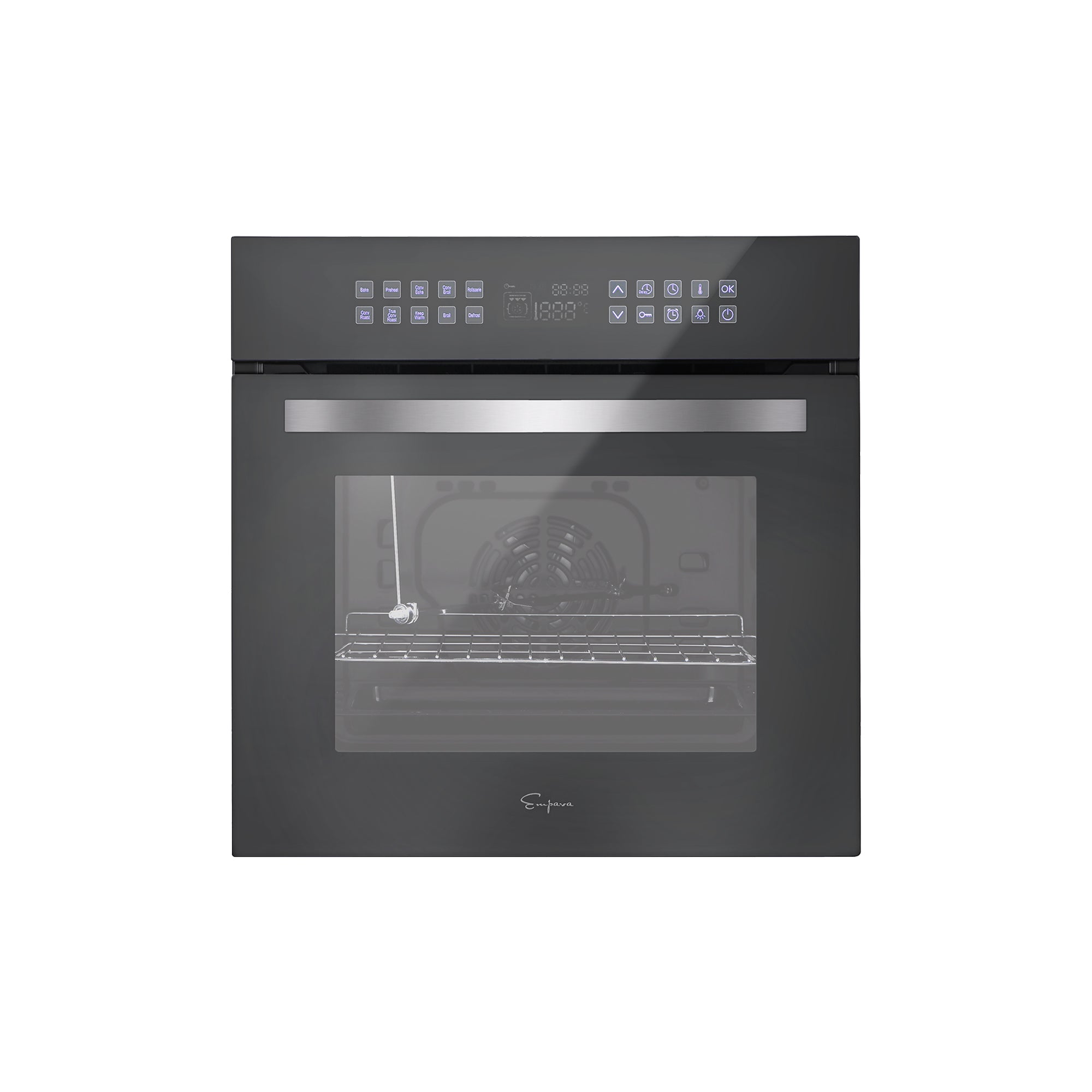 The Empava 24 in. Electric Single Wall Oven boasts a sleek and modern design, featuring a stainless steel exterior with a digital control panel prominently displayed on the front. The oven door includes a large glass window, and the interior is equipped with a metal rack and a heating element positioned at the back.