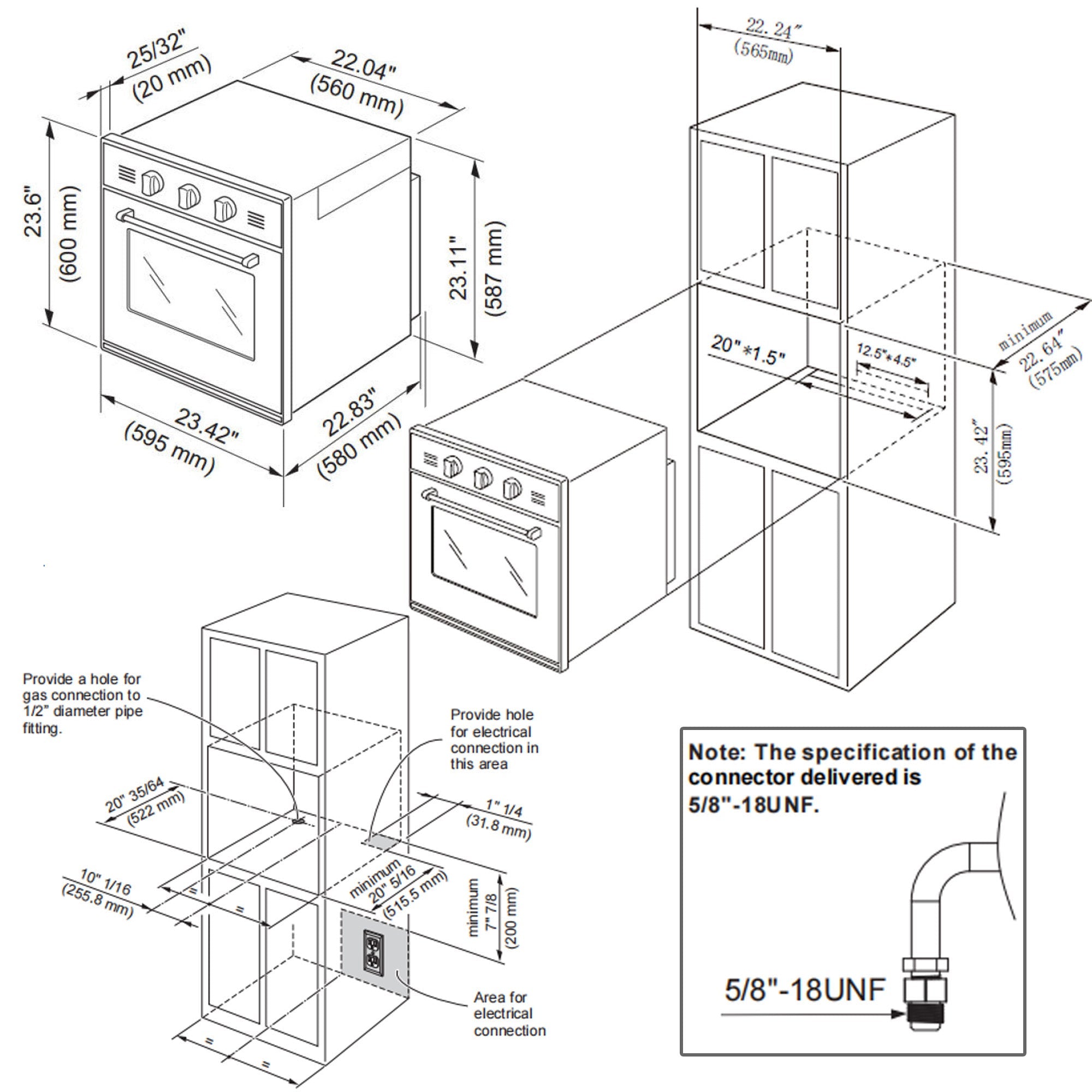 A technical diagram illustrating the installation dimensions for an Empava 24 in 2.3 Cu. ft. Gas Wall Oven (LPG only) and its connector specifications. The diagram shows the necessary cabinet dimensions and installation instructions, including a note about the 5/8"-18UNF gas connector fitting.