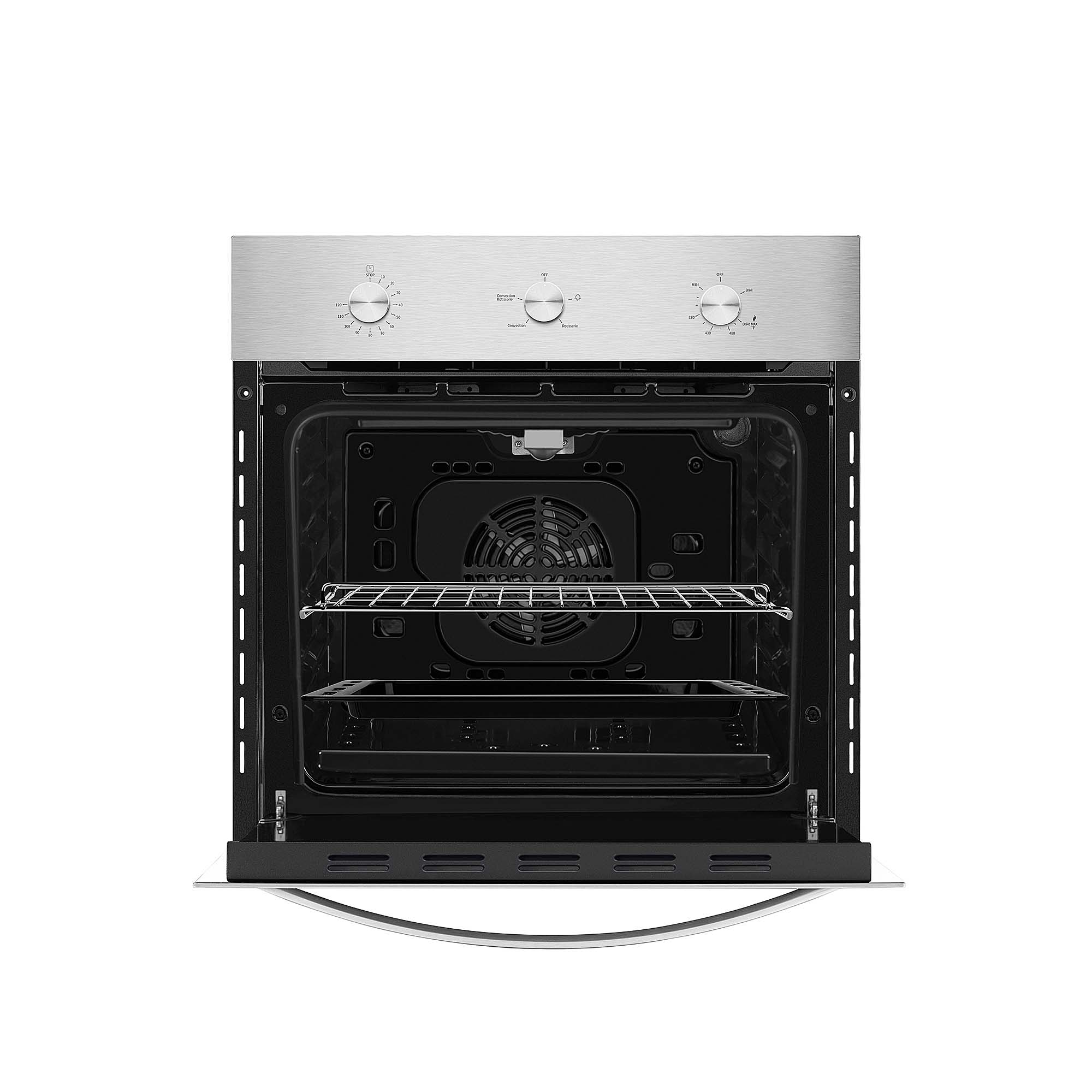 Image of an open stainless steel Empava 24 inch 2.3 Cu. ft. Gas Wall Oven - Only For LPG, featuring a front control panel with three knobs. Inside the oven, there are two racks and a fan at the back. The door is lowered and partially visible.