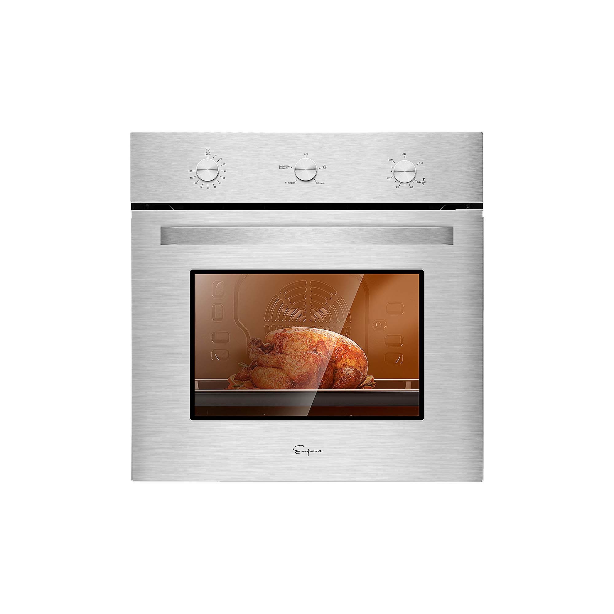 An Empava 24 inch 2.3 Cu. ft. Gas Wall Oven (Only For LPG) with a digital display and control knobs is baking a whole chicken inside. The oven door features a large window, through which you can see the golden-brown roasted chicken.