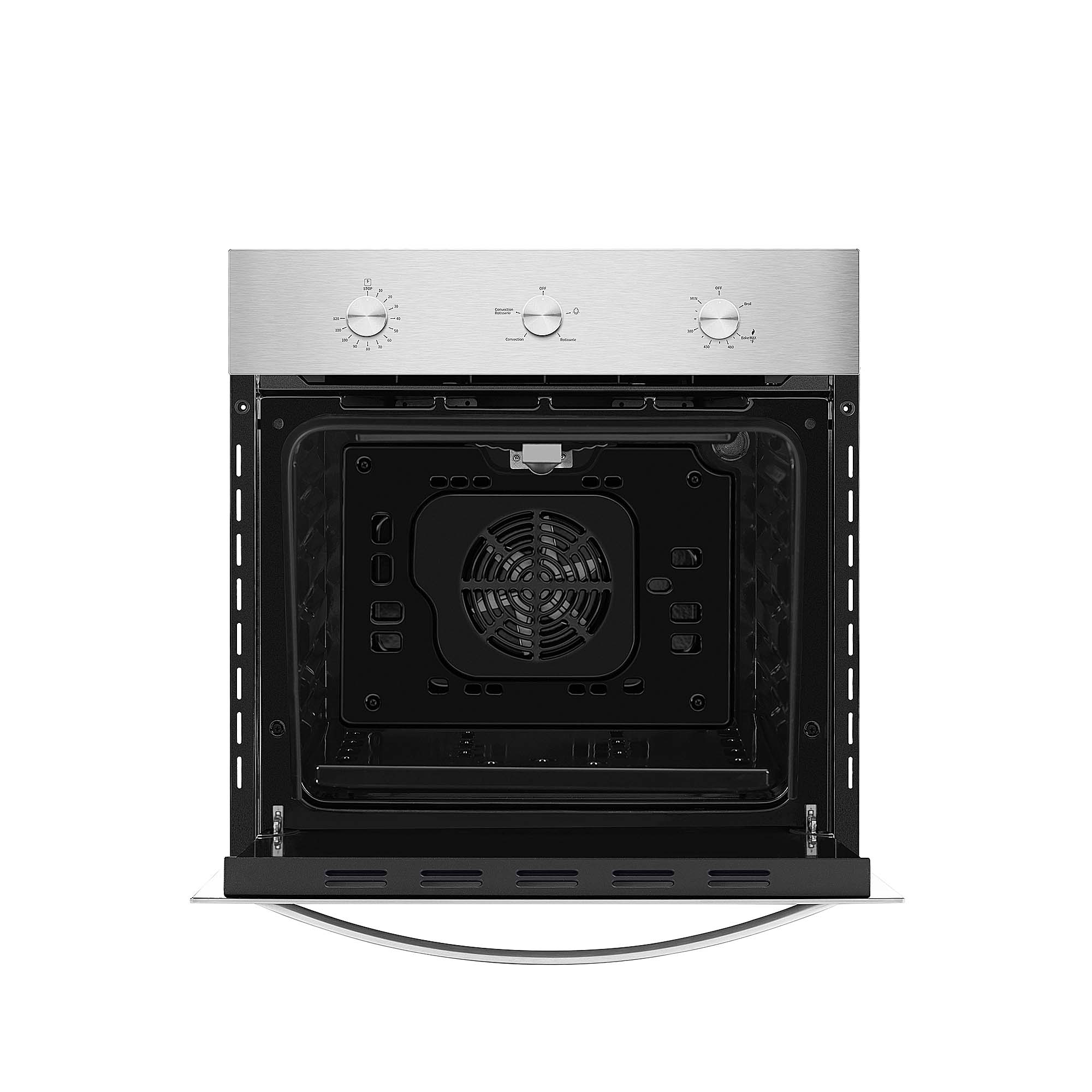 A sleek, modern Empava 24 inch 2.3 Cu. ft. Gas Wall Oven - Only For LPG with its door open reveals an interior fan at the back. The control panel above features three knobs for adjusting heat settings, operating modes, and the timer.