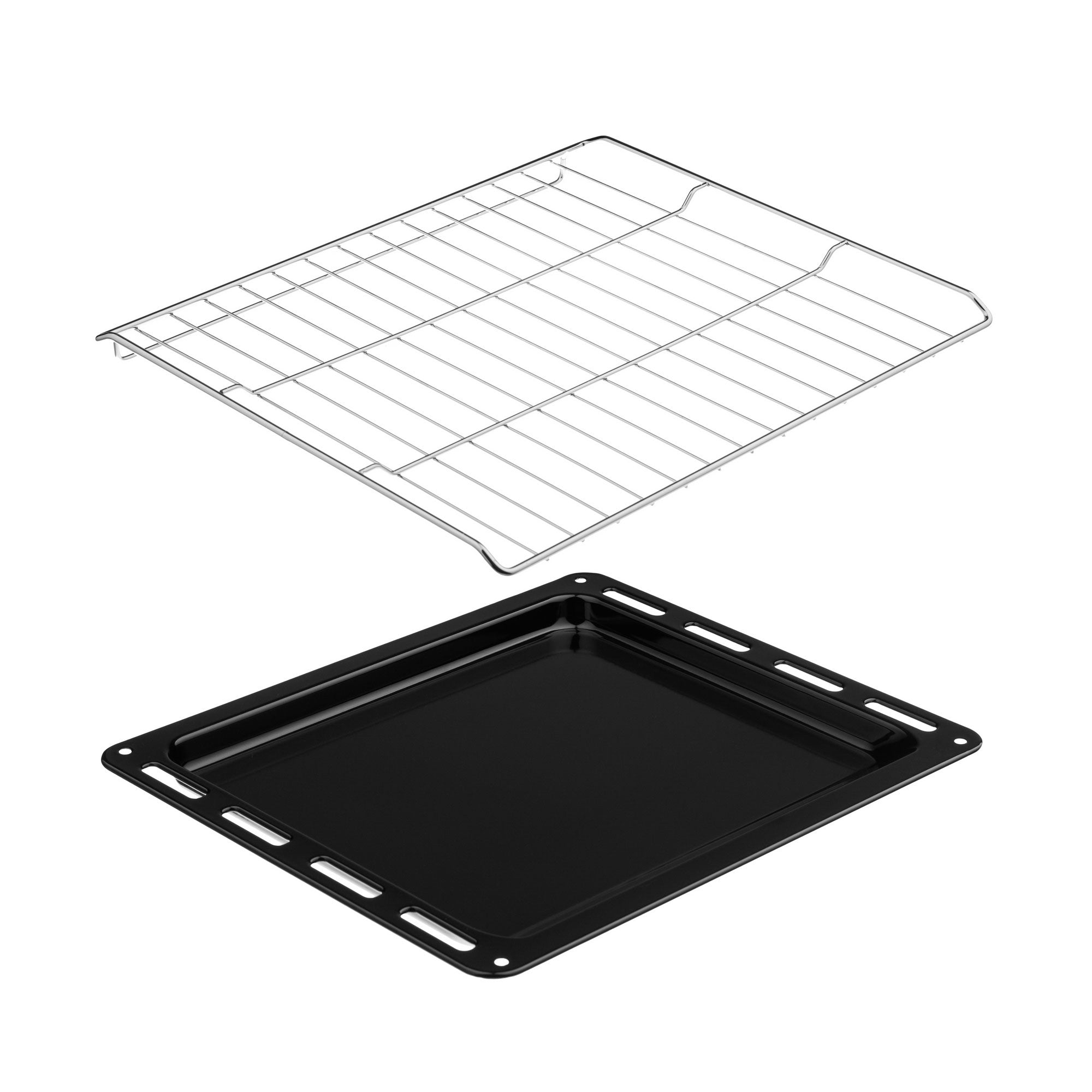 Image showing a baking rack and a shallow metal baking tray. The baking rack is constructed of metal with a grid design, while the tray is rectangular, with raised edges and appears non-stick. Both items are pristine and new, ideal for baking or roasting, and are the perfect accessories to complement your Empava 24 inch 2.3 Cu. ft. Gas Wall Oven - Only For LPG appliances perfectly.