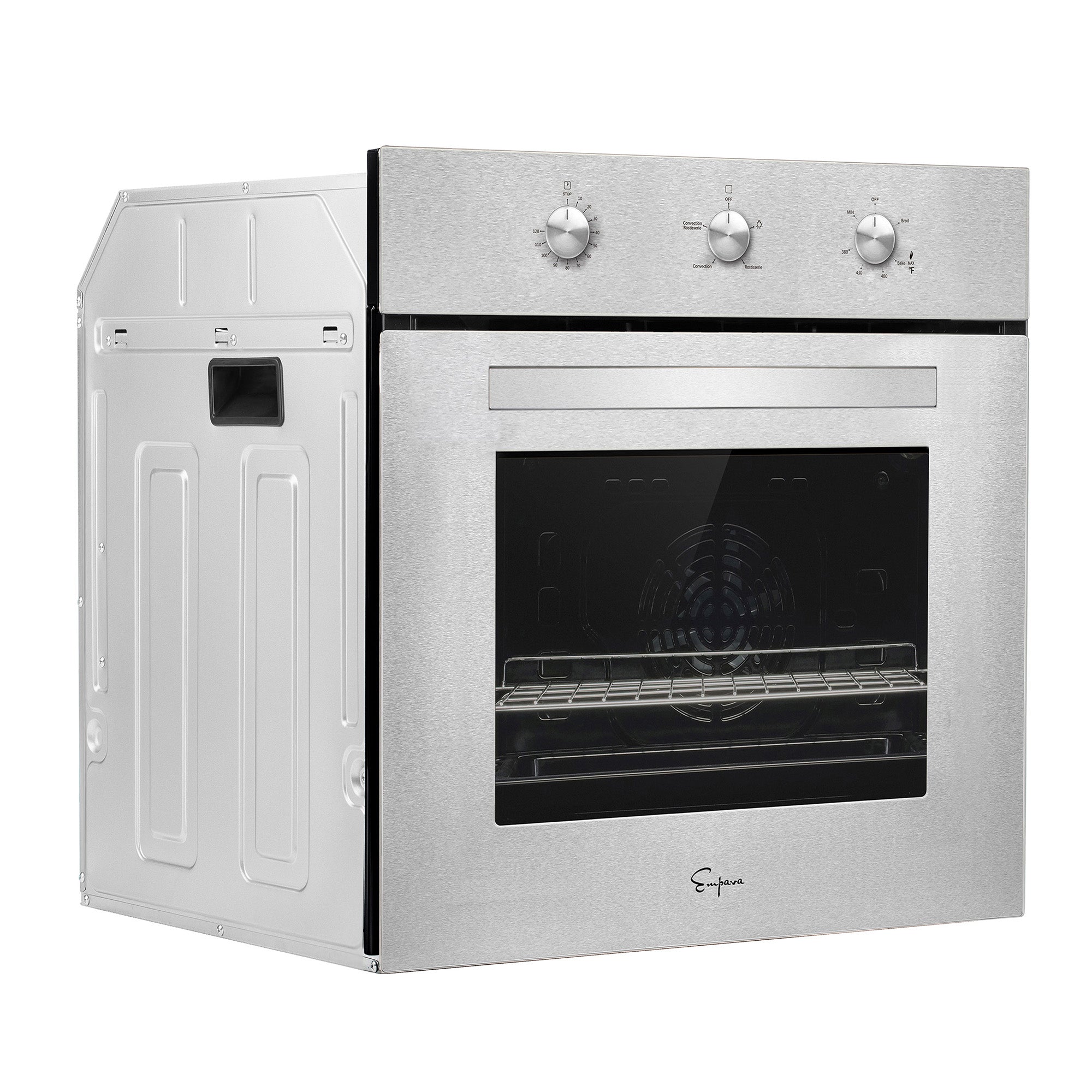 An Empava 24 inch 2.3 Cu. ft. Gas Wall Oven - Only For LPG with a stainless steel exterior and a black-tinted glass door is shown from an angle, revealing its side and front. The front features three control knobs on the top panel above the door, while the interior contains metal racks and has a visible fan at the back.