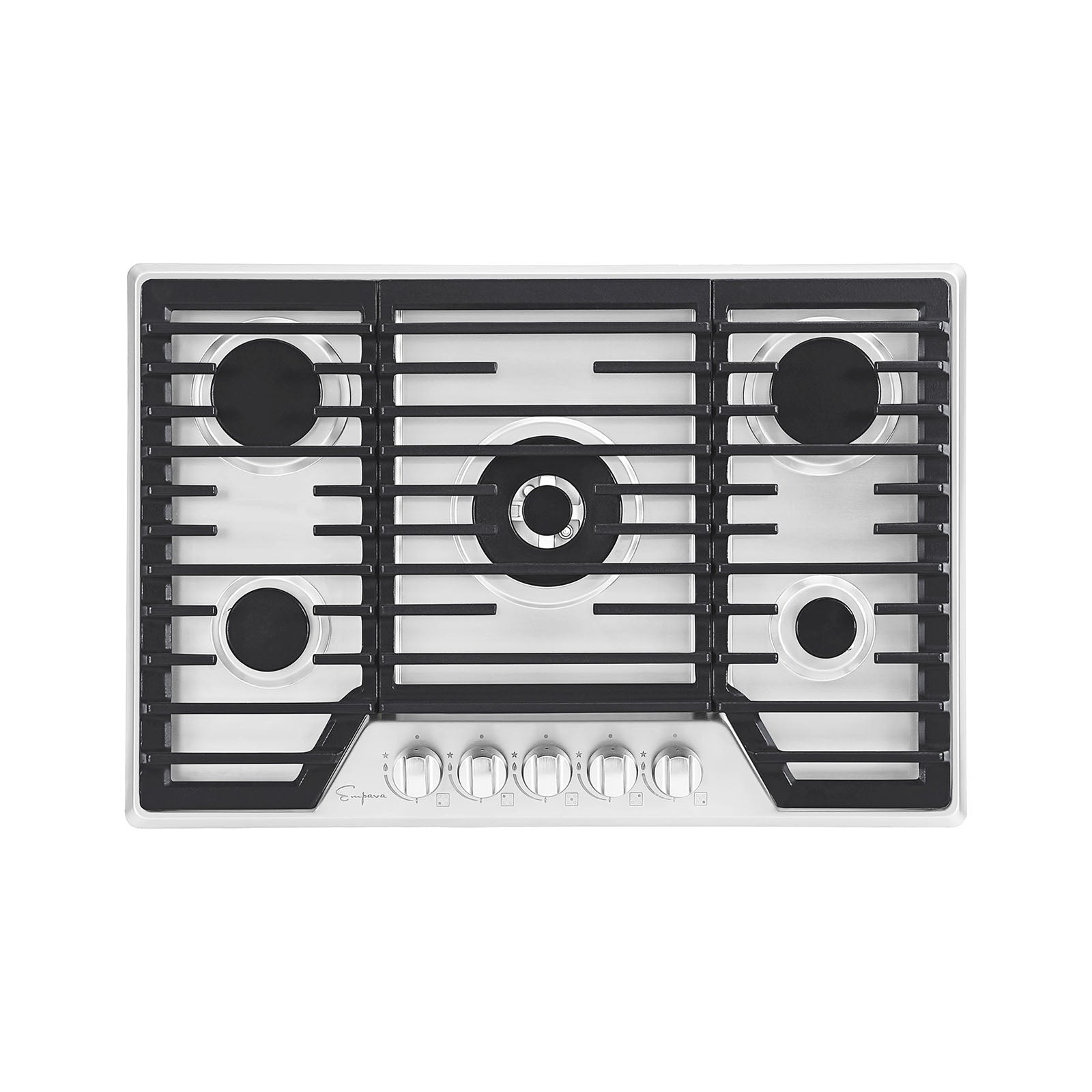 A top-down view of the Empava 30-in. Built-in Gas Stove Cooktop showcases its stainless steel surface and five LPG burners adorned with black cast-iron grates. The largest burner sits centrally, with control knobs arrayed along the front edge of the cooktop.