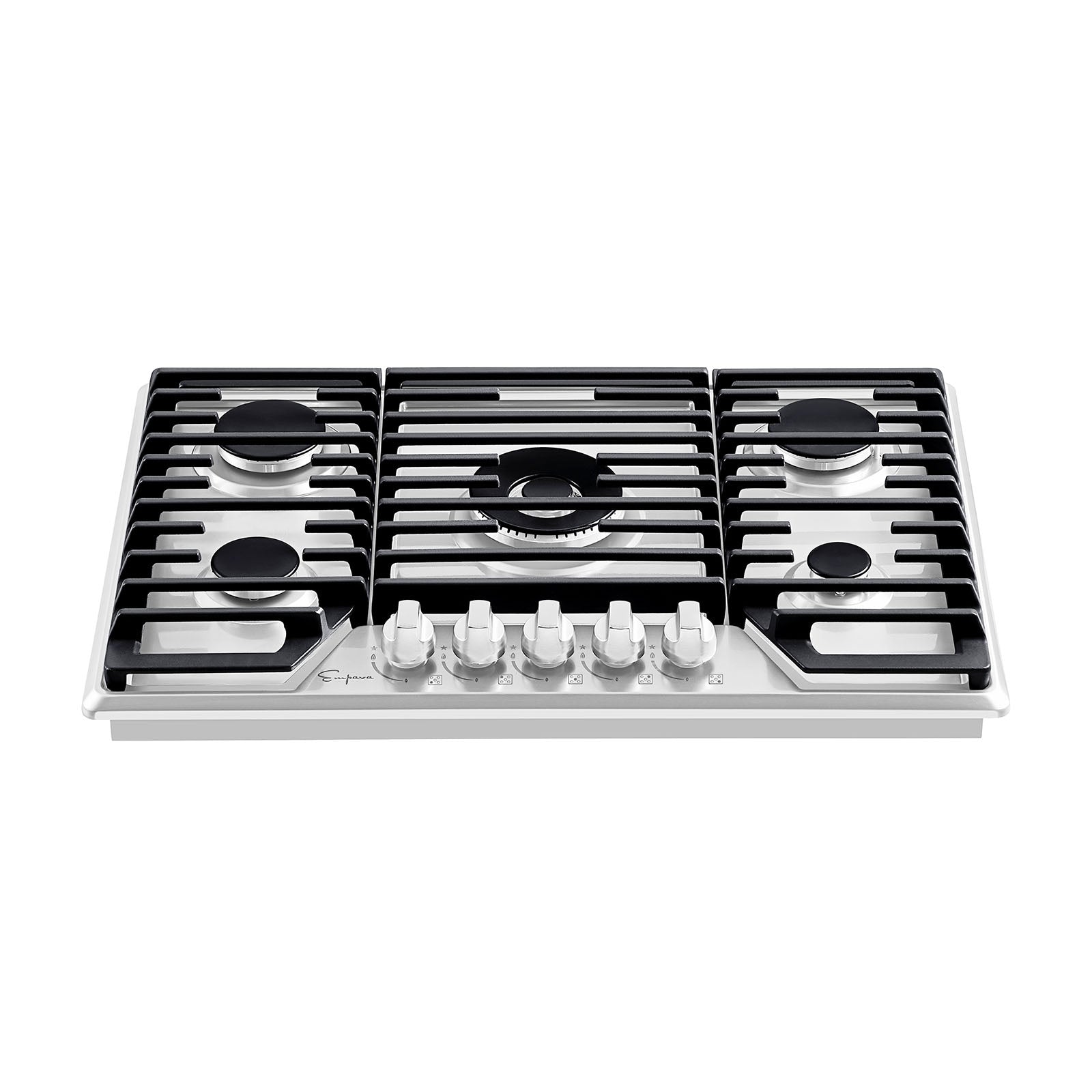 The Empava 30-in. Built-in Gas Stove Cooktop is a sleek, modern gas cooktop with five burners compatible with both NG and LPG. It features sturdy black grates covering the burners and six control knobs situated at the front. The central burner is larger than the others, designed for high heat cooking, and the overall finish is stainless steel.