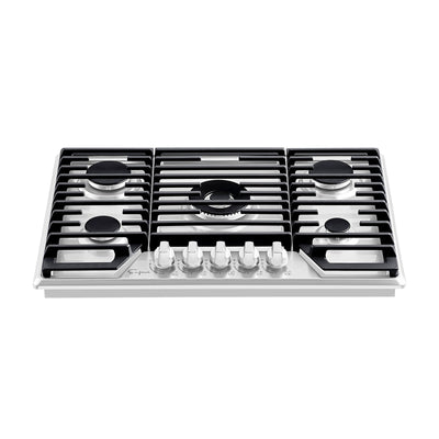 The Empava 30-in. Built-in Gas Stove Cooktop is a sleek, modern gas cooktop with five burners compatible with both NG and LPG. It features sturdy black grates covering the burners and six control knobs situated at the front. The central burner is larger than the others, designed for high heat cooking, and the overall finish is stainless steel.