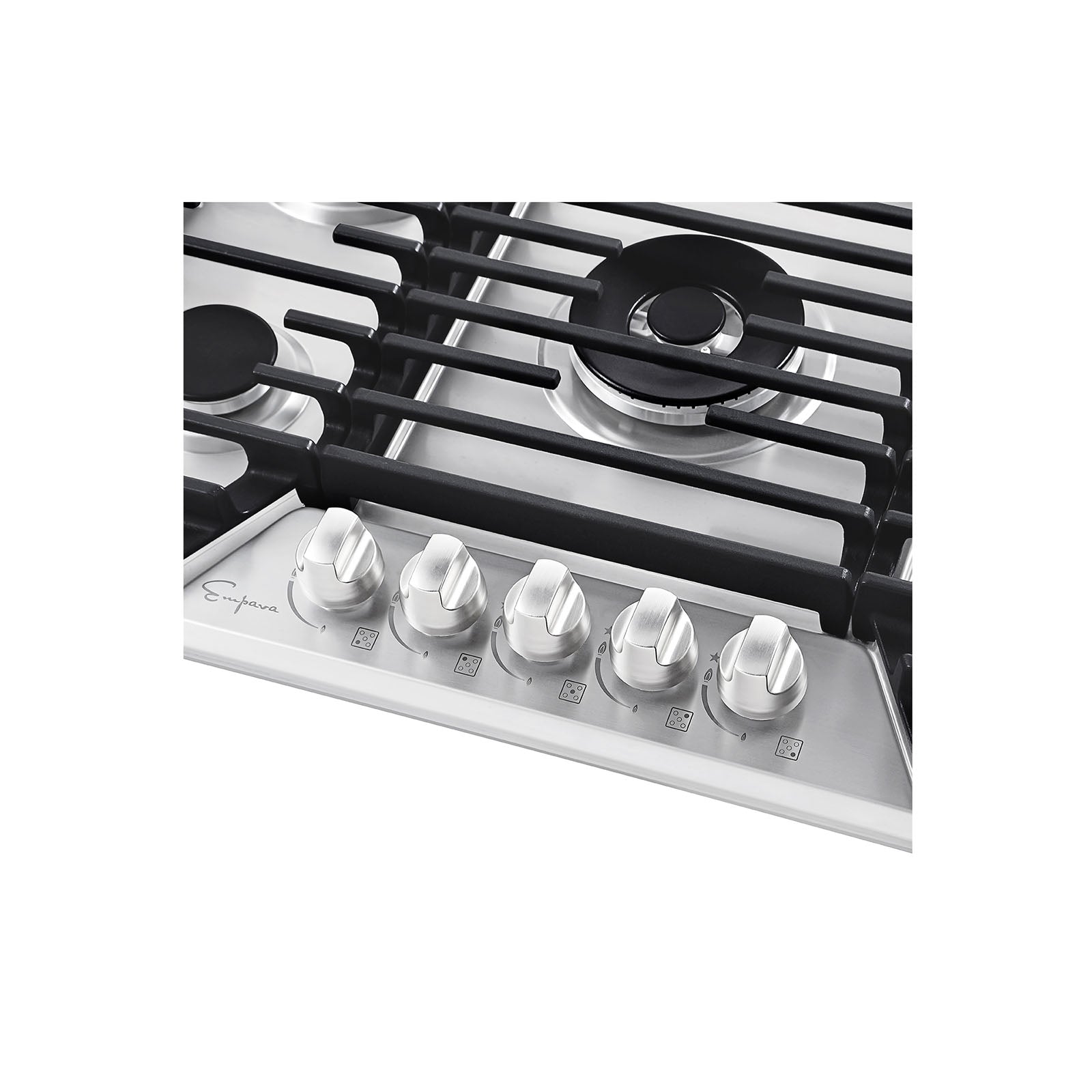 Close-up of the Empava 30-in. Built-in Gas Stove Cooktop with five burner dials in the foreground. Four burners and a central control knob are visible, along with black grates covering the burners. The stainless steel surface appears clean and modern in design, compatible with both NG and LPG systems.