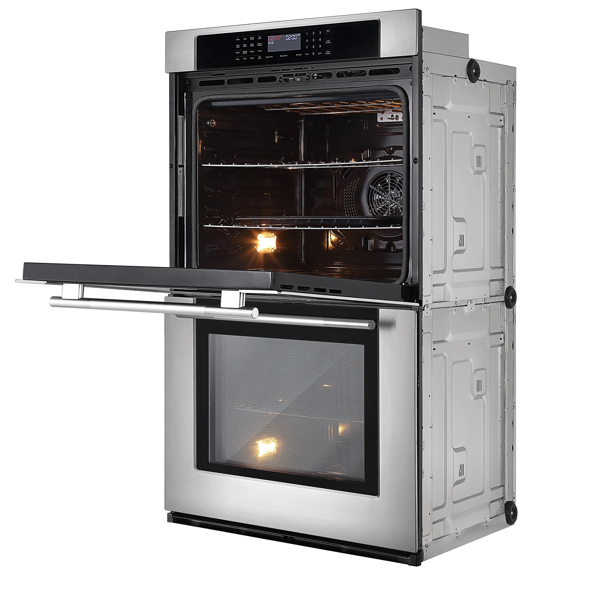 The Empava 30" Electric Double Wall Oven, with its top door open, showcases the illuminated interior. The control panel, positioned above the top oven door, features a variety of buttons and settings for dual zones and air frying. Meanwhile, the bottom oven door remains closed, and the exterior sides display a sleek metallic finish.