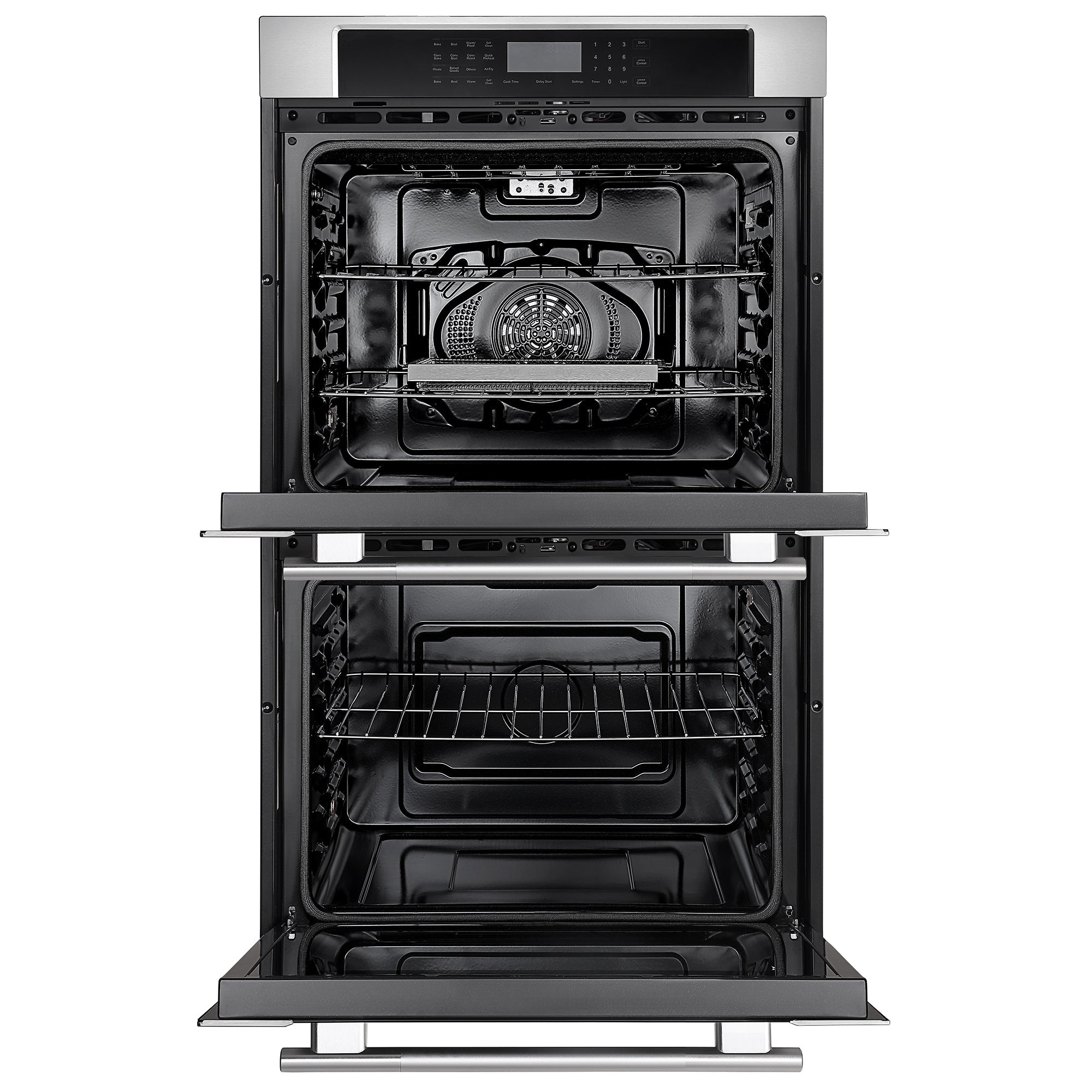 The Empava 30" Electric Double Wall Oven features a modern stainless steel design with both upper and lower doors open, showcasing dual zones for versatile cooking and an air frying feature. The upper oven includes two shelves, while the lower oven is equipped with one shelf. The control panel is conveniently located above the upper door.