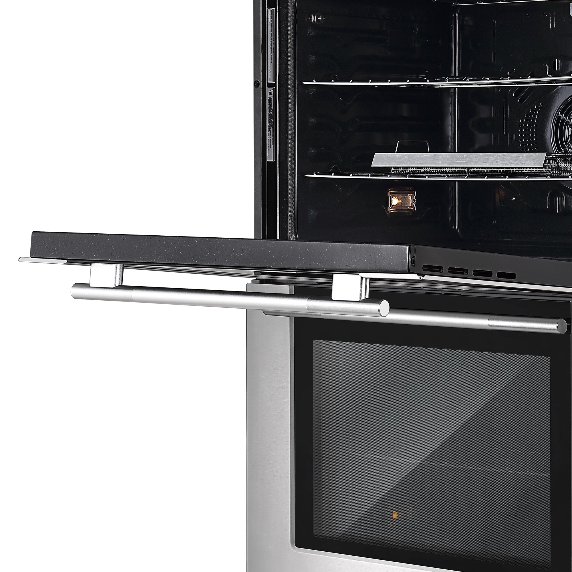 A close-up image of an open Empava 30" Electric Double Wall Oven with the door partially open reveals two racks inside. The oven's interior light is on, illuminating the dark interior. The control panel and handle are visible, showcasing the sleek modern design and dual zones for versatile cooking.