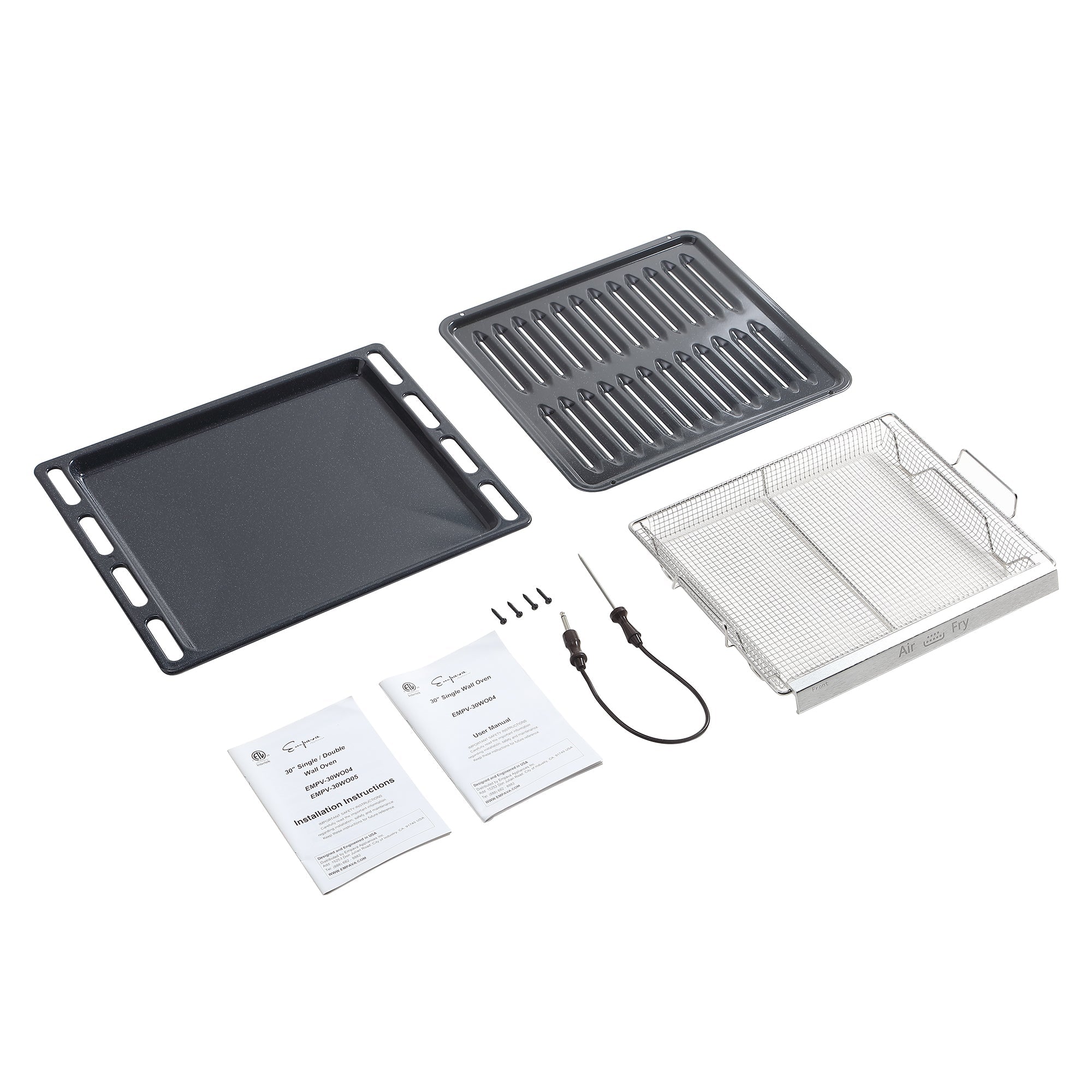 The image showcases various accessories ideal for air frying compatible with the Empava 30" Electric Double Wall Oven. These include a flat baking tray, a ridged grill tray, a metal mesh basket with handles, four small black screws, a temperature probe, and two instruction manuals. All items are neatly arranged against a plain white background.